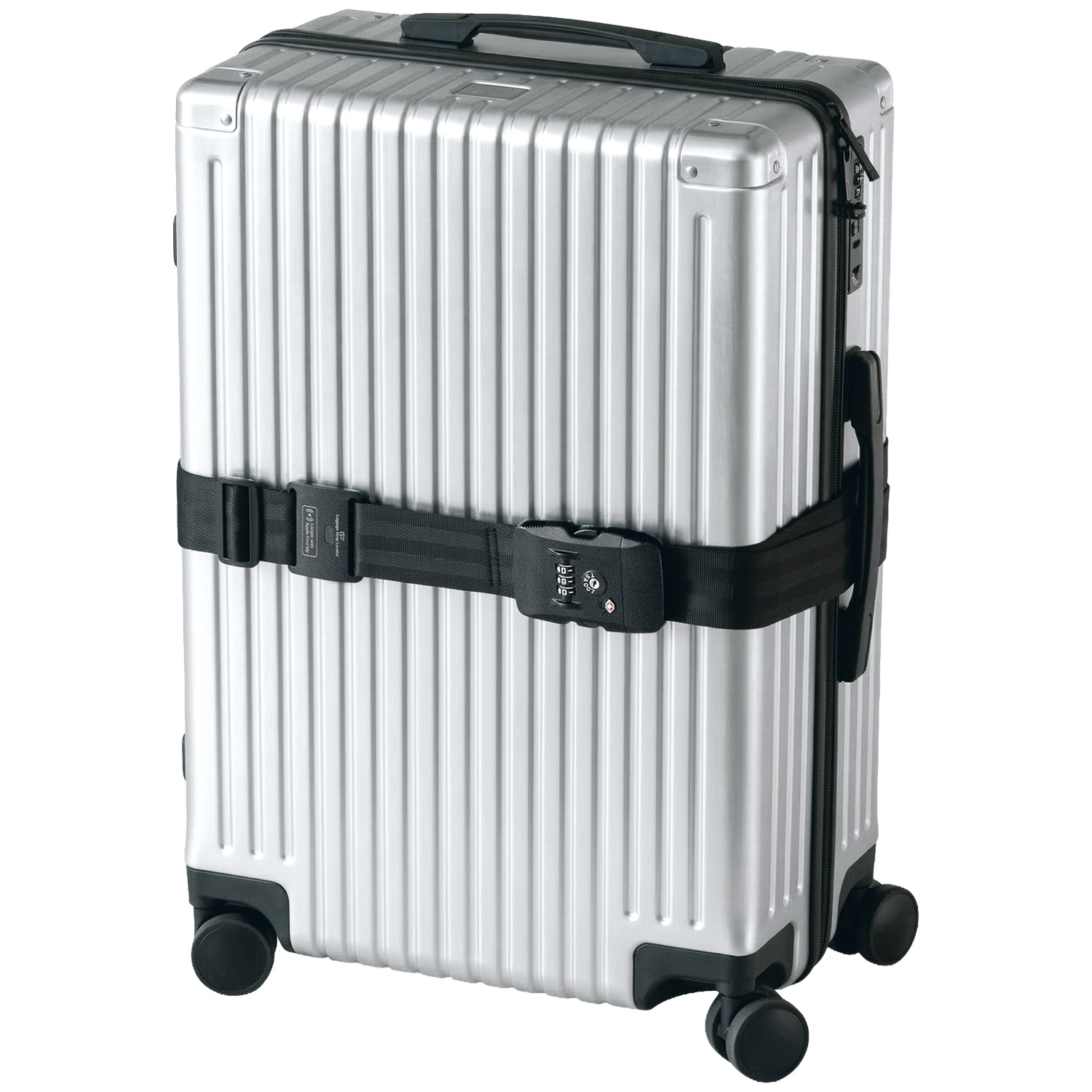 Silver suitcase with black strap and combination lock, on wheels.