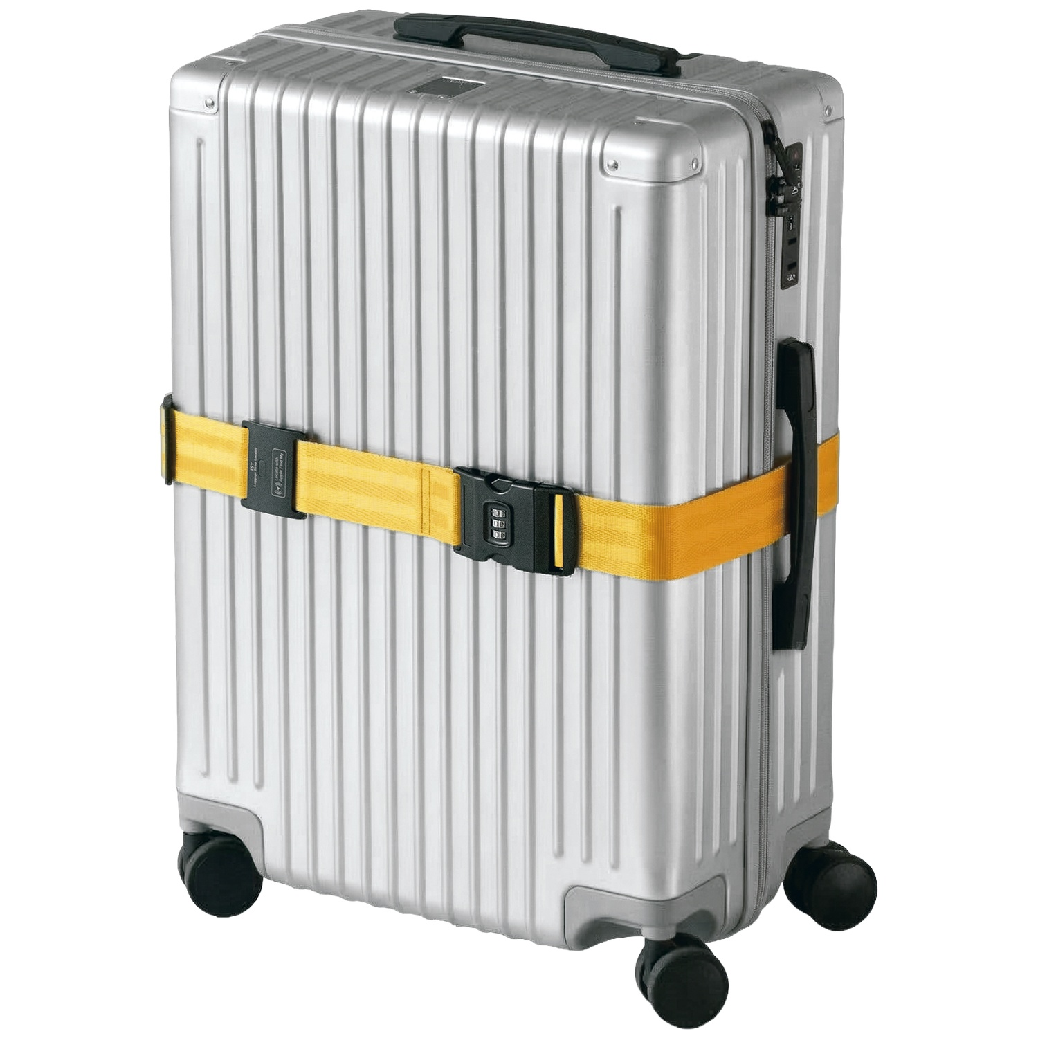 A silver suitcase with a yellow strap and combination lock.