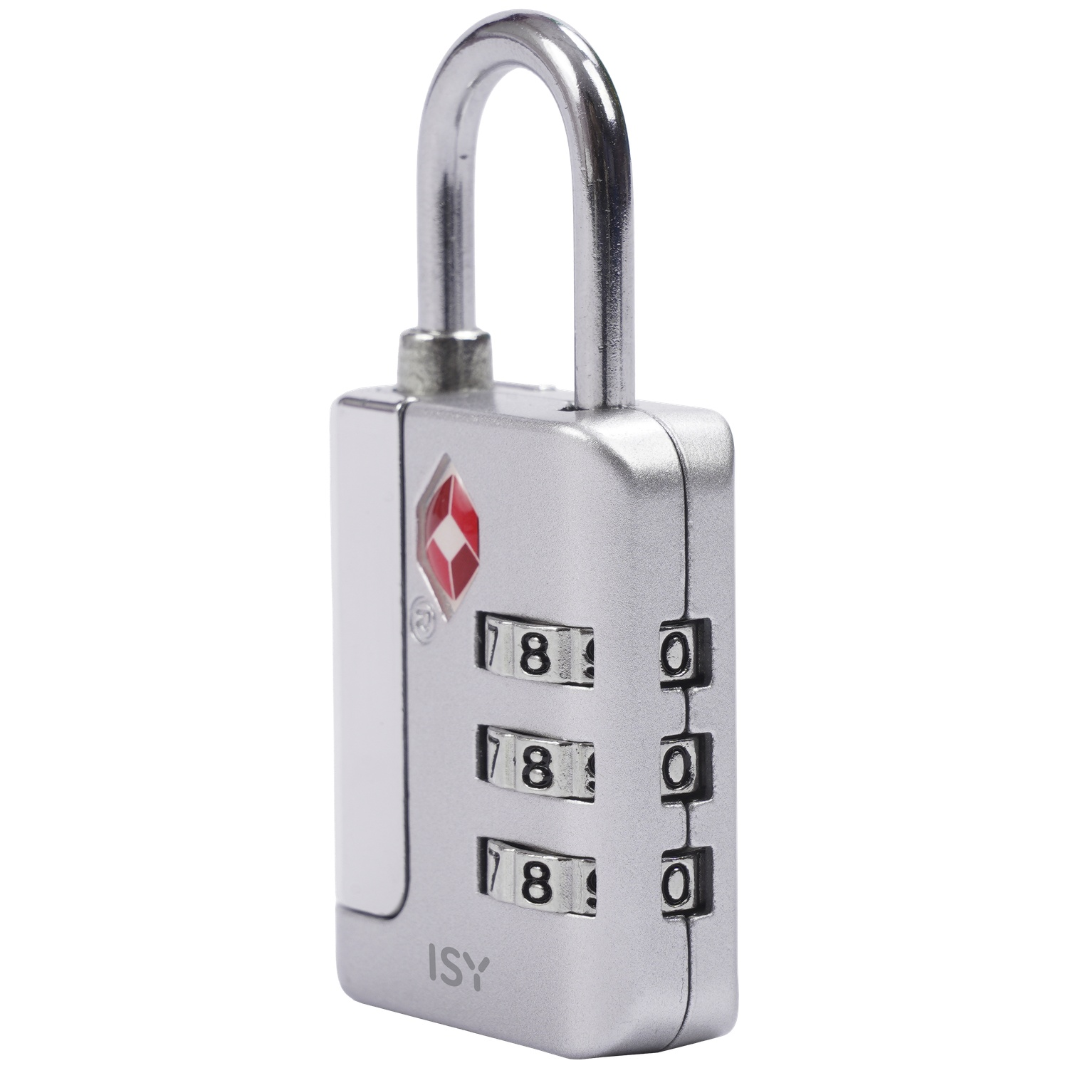 Zilverkleurig TSA-slot met drie cijferwielen en een rood ruitvormig symbool.