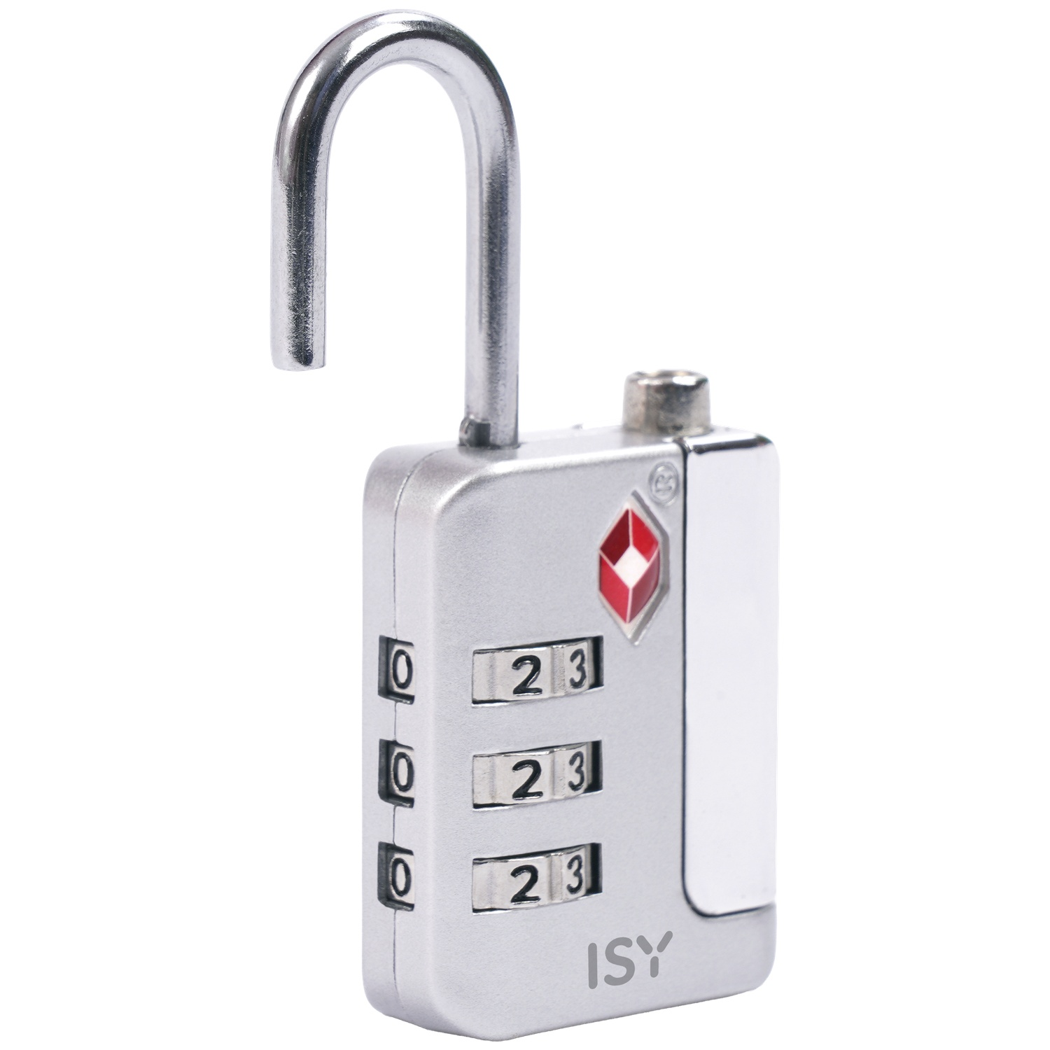 Een zilverkleurig TSA-hangslot met een open beugel en drie cijferwielen.
