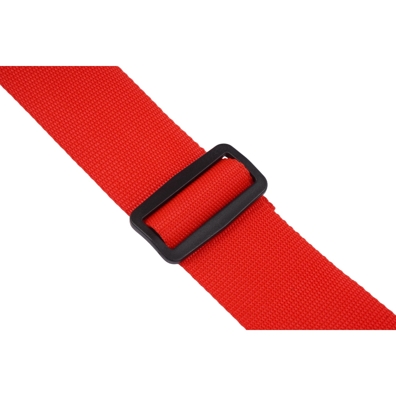 A red nylon strap with a black plastic buckle, angled on a white background.