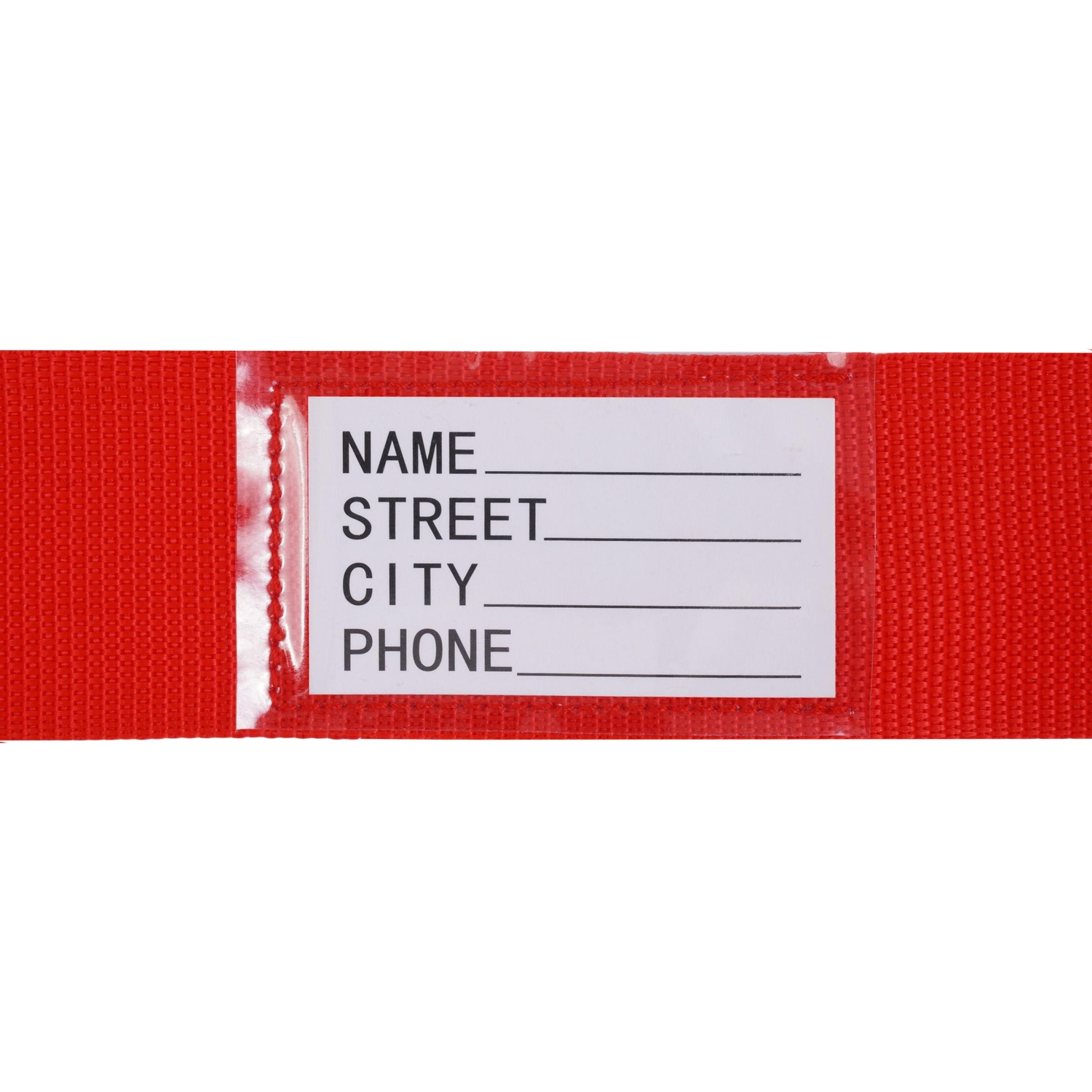 Red luggage tag with fields for Name, Street, City, and Phone.