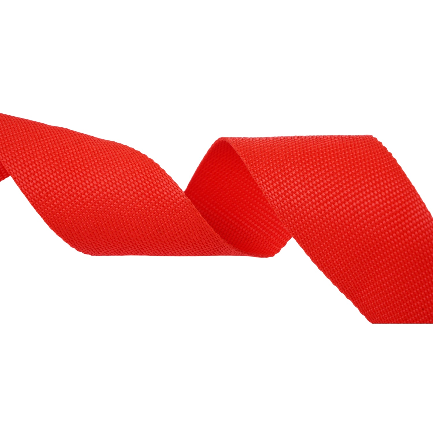 Red ribbon curves against a white background.