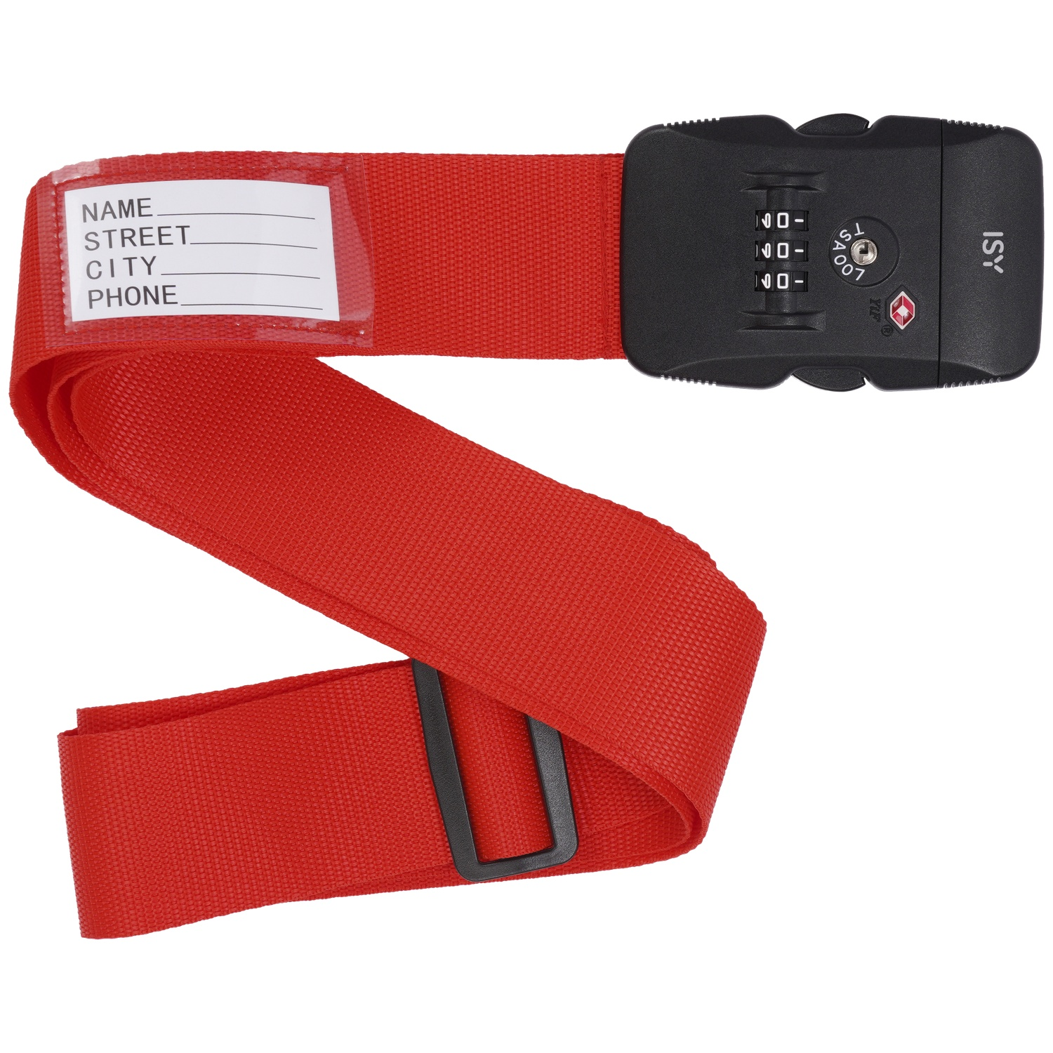 Red luggage strap with a black combination lock and ID tag.