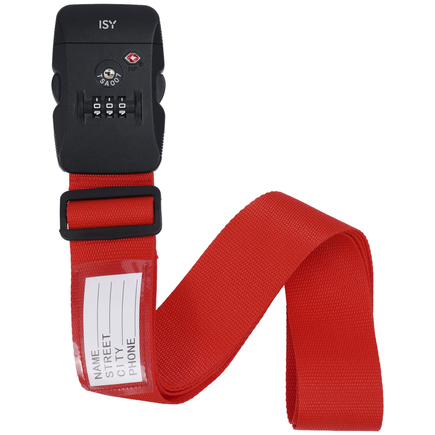 Red luggage strap with black TSA combination lock and name tag.