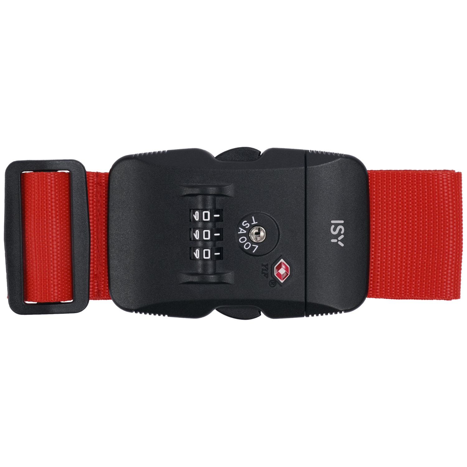 A red luggage strap with a black combination lock.