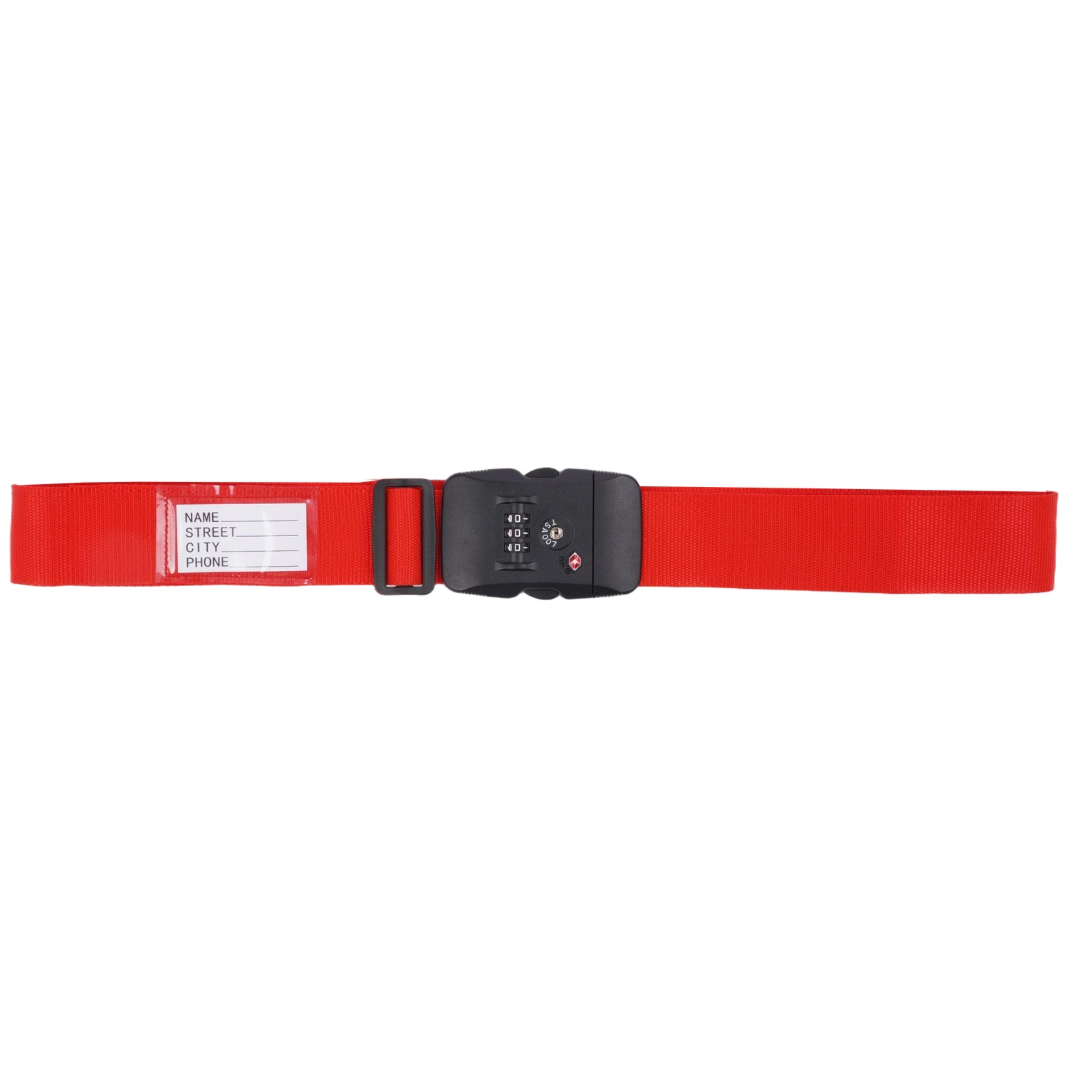 Red luggage strap with black combination lock and label holder.