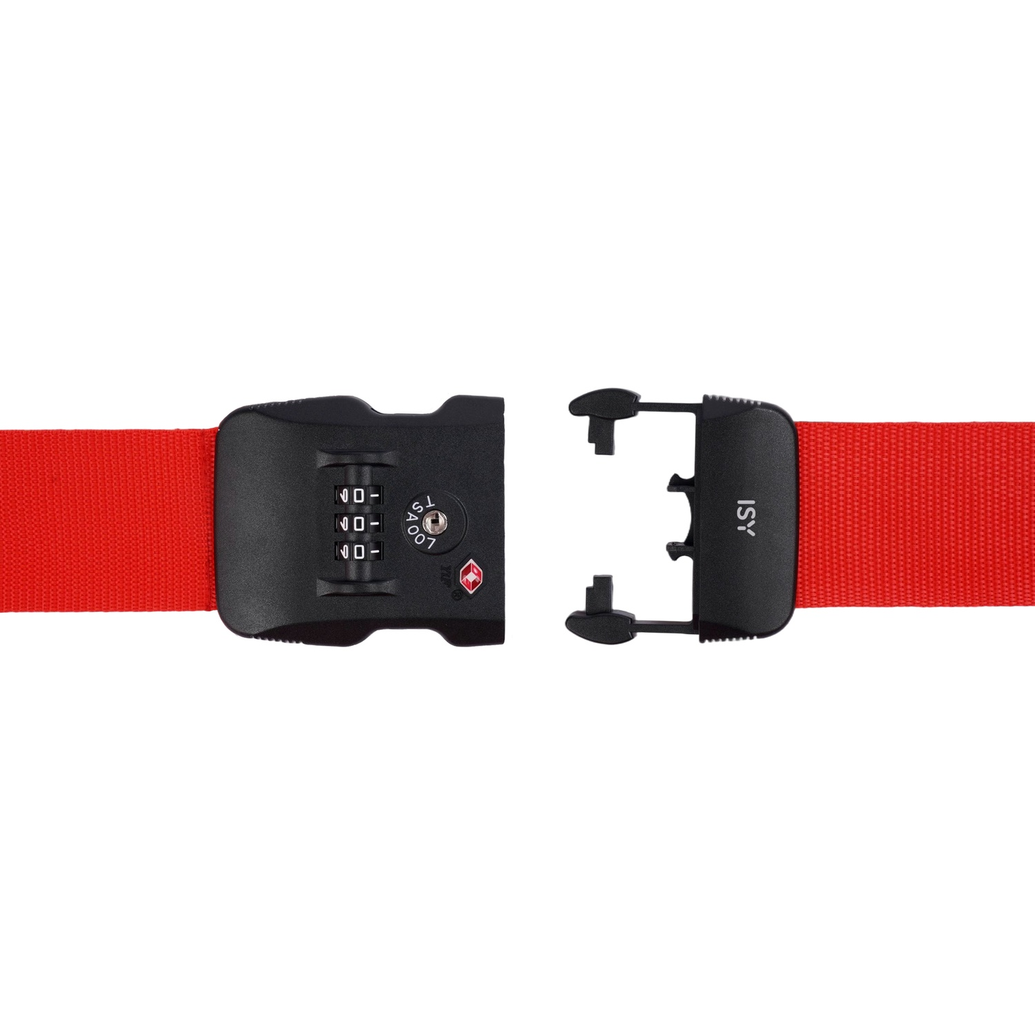 Red luggage strap with TSA combination lock, separated.