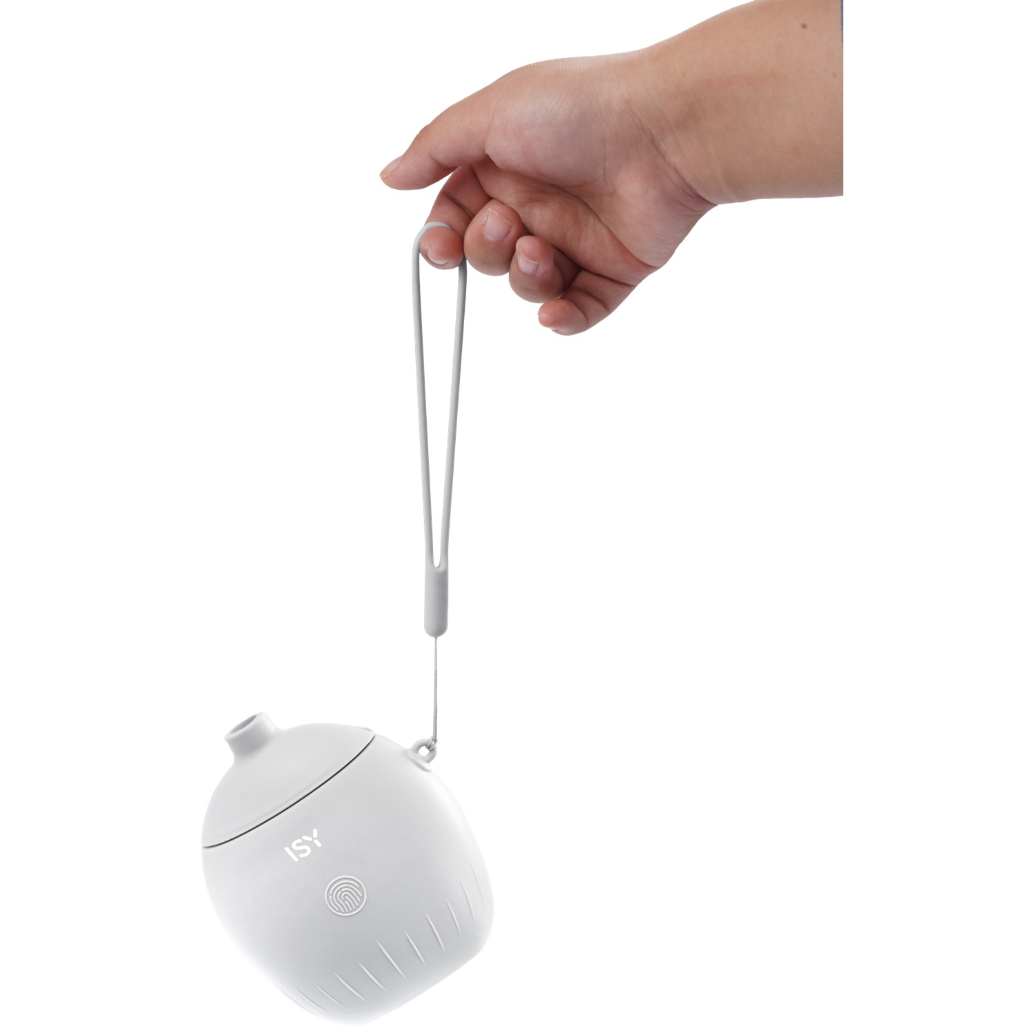 Een hand houdt een witte, eivormige bol met een grijze riem vast.