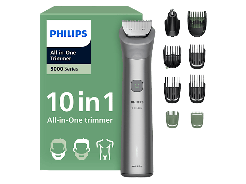 Afeitadora corporal - Philips MG5931/15, 10 Herramientas y accesorios, 120 min Autonomía, Cara, Pelo Cuerpo, Cuchillas Autoafilables, Gris claro