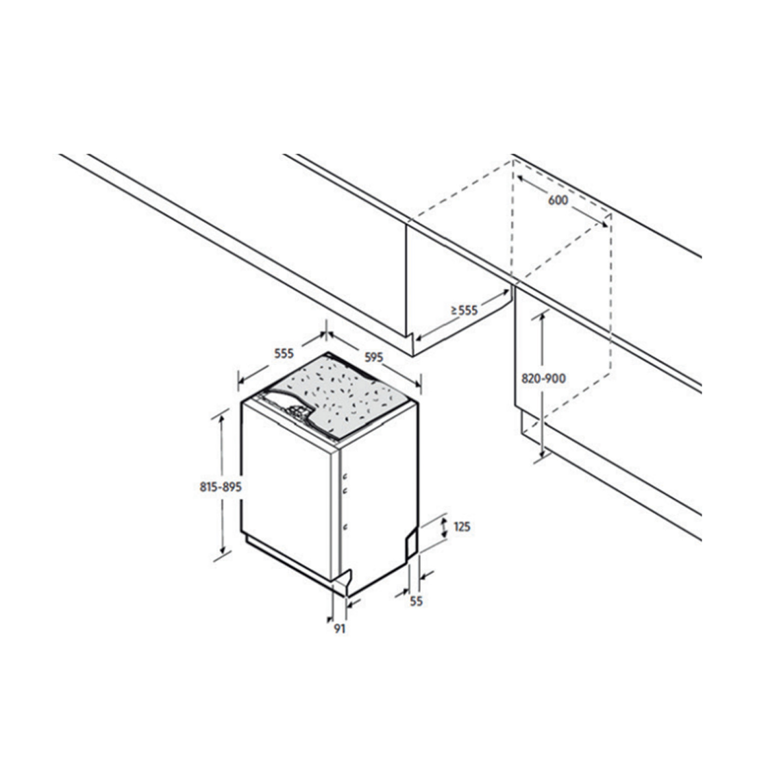Disegno tecnico di una lavastoviglie con dimensioni: altezza 815-895, larghezza 555, profondità 595.