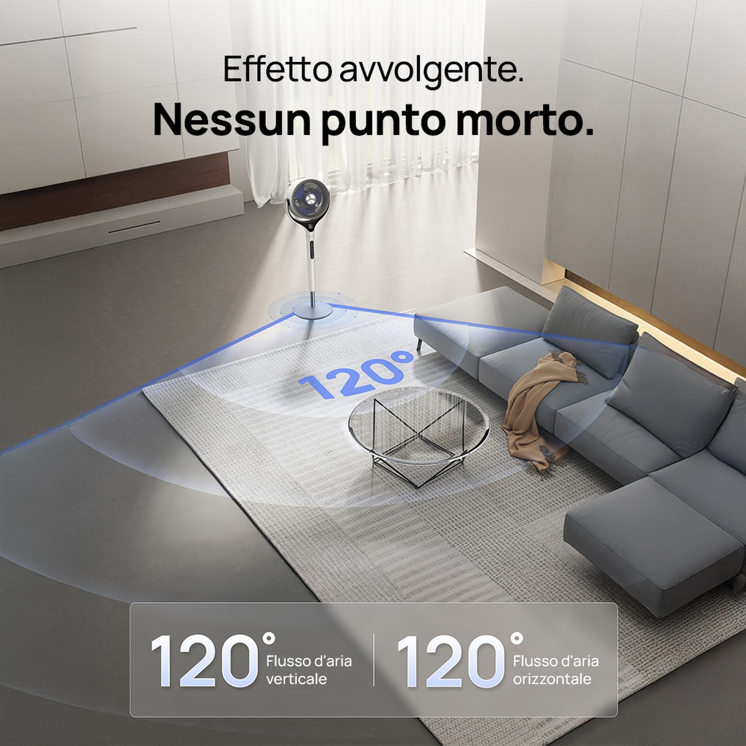 Un ventilatore in un soggiorno che mostra un flusso d'aria di 120°.