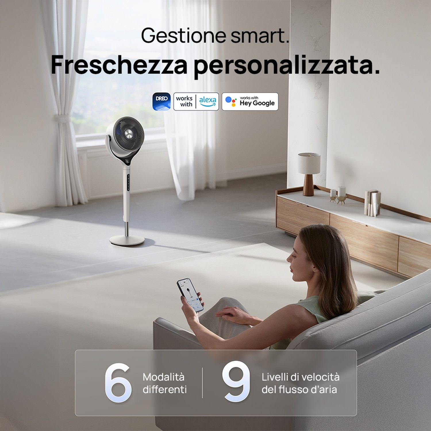 Un ventilatore con 6 modalità e 9 velocità, controllato via app.