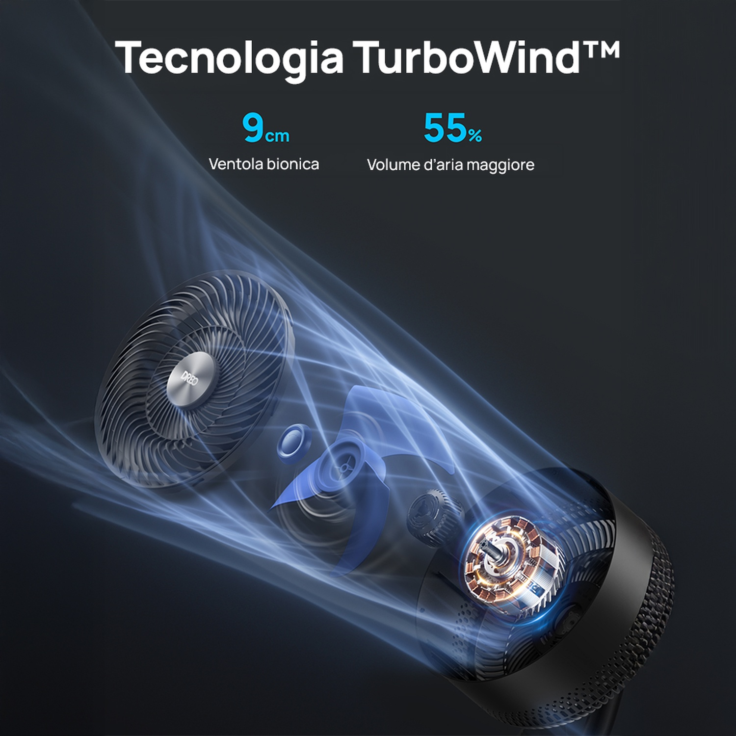 Asciugacapelli tecnologia TurboWind™, ventola bionica 9cm, 55% più aria.