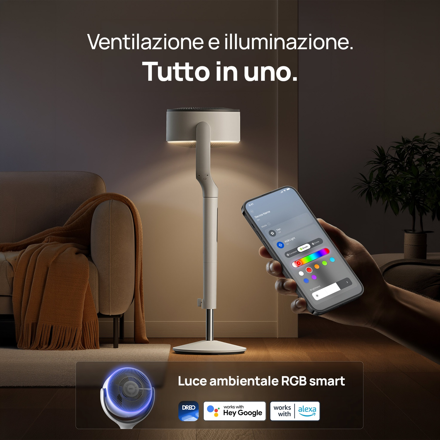 Ventilatore smart con luce RGB e controllo via app.