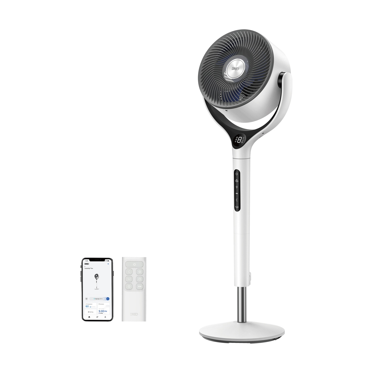 Ventilatore da terra bianco con telecomando e app, su sfondo bianco.