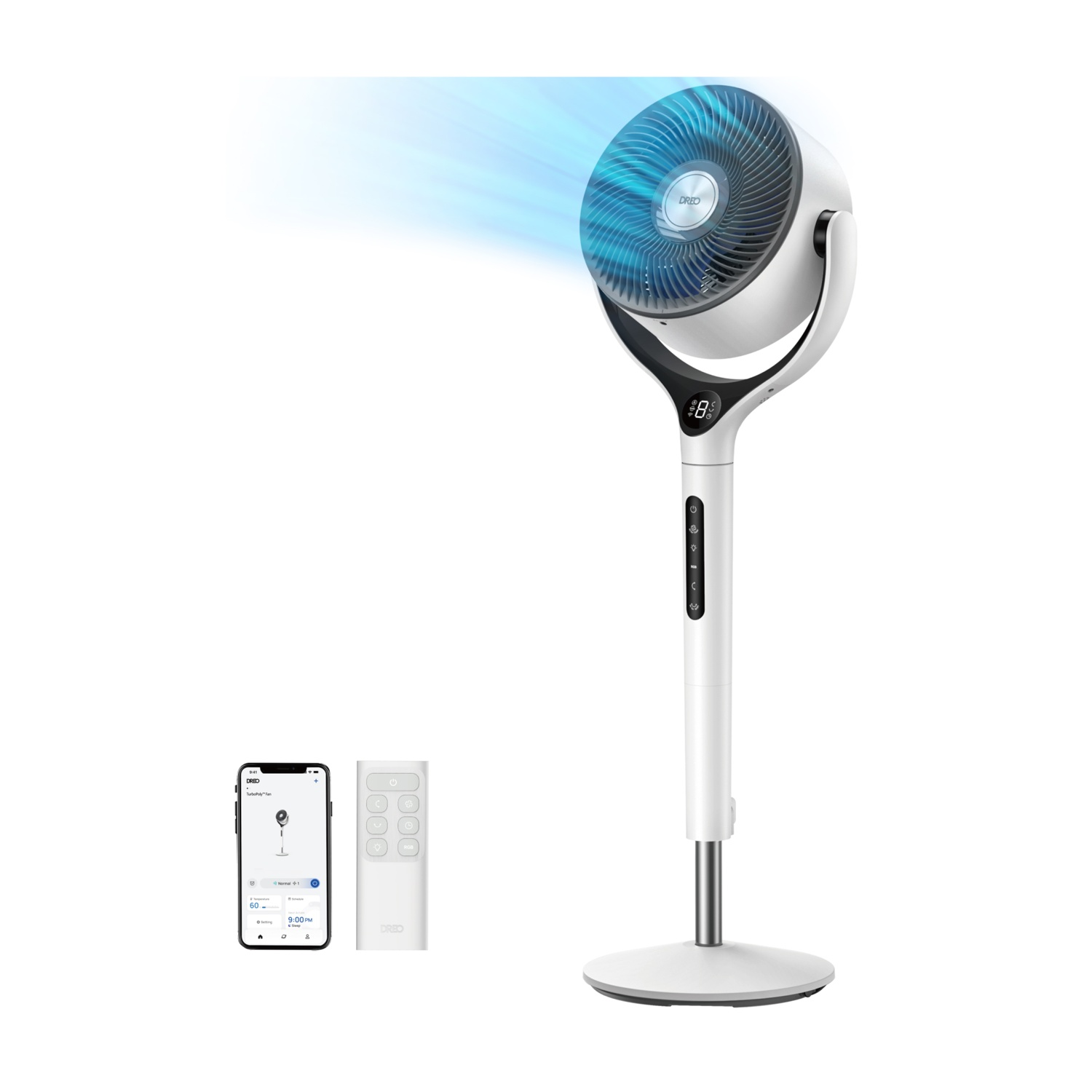 Un ventilatore da terra bianco con flusso d'aria blu, telecomando e app.