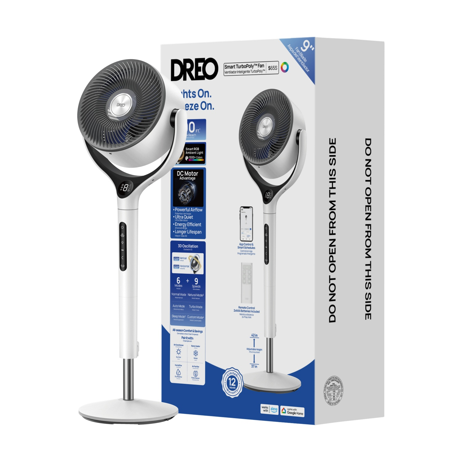 Un ventilatore da terra DREO bianco con griglia nera e display digitale sulla base.