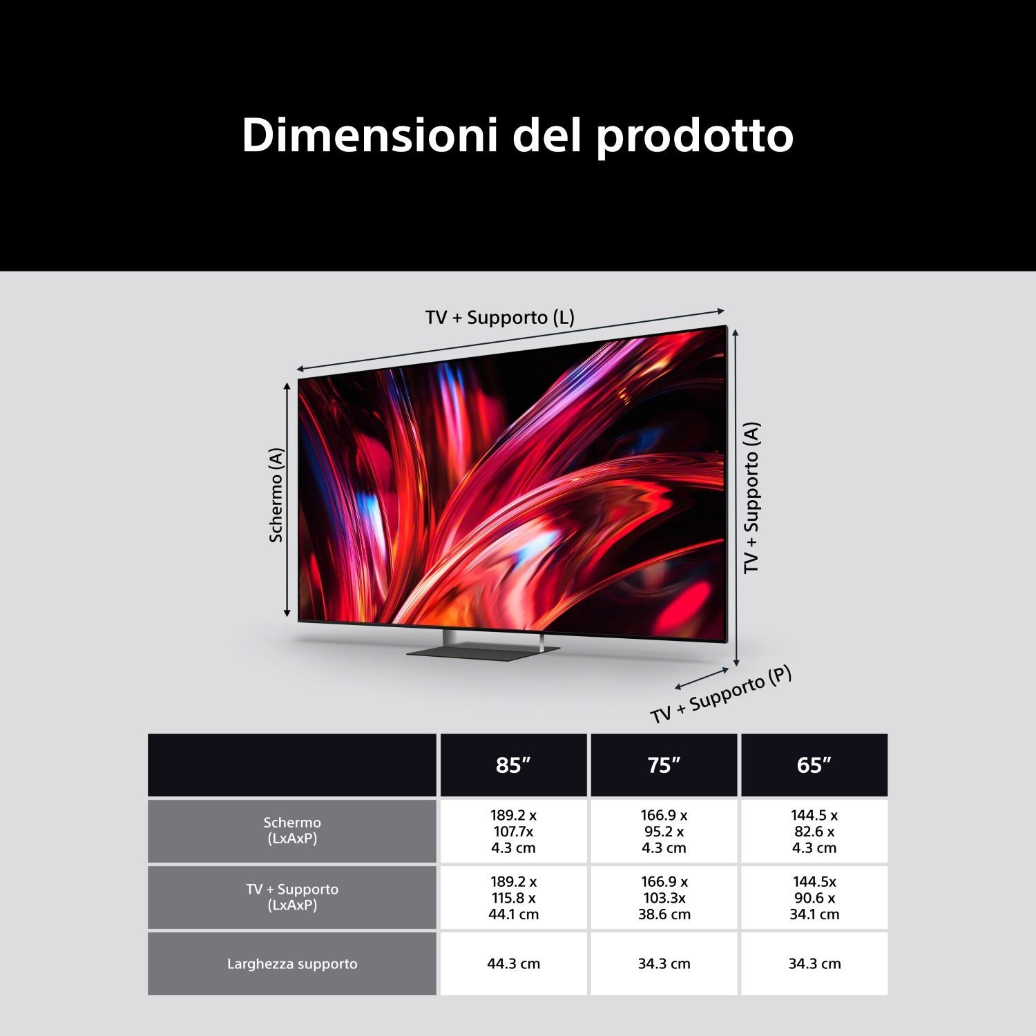 Diagramma del prodotto che mostra le dimensioni della TV e una tabella.
