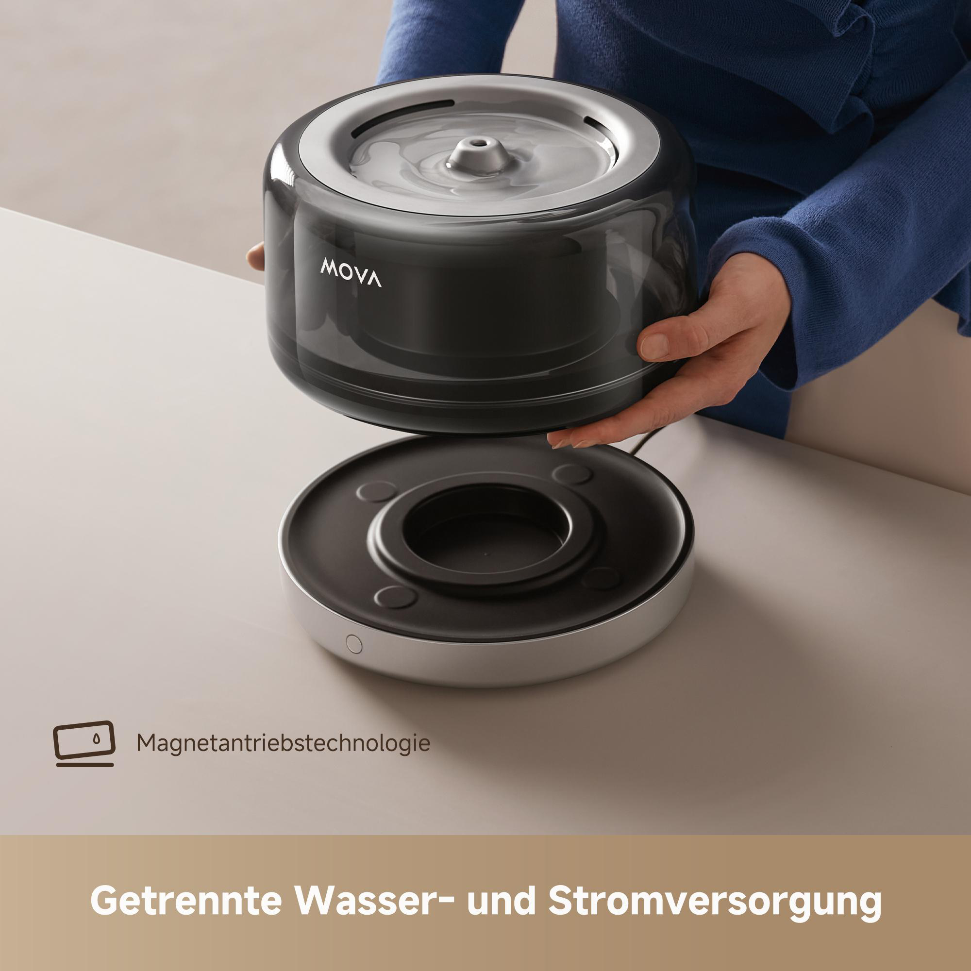 Eine Person hält einen schwarzen Wasserspender mit silbernem Sockel.