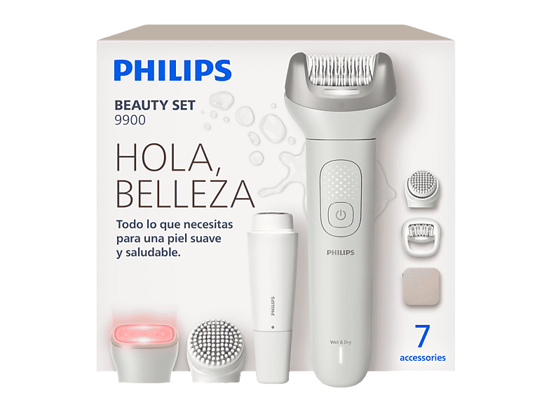 Depiladora - Philips BRE738/00, Set belleza 9900 Series, 7 accesorios, SkinLED, ProGuide 360°, Exfoliación, Impermeable, 60 min batería
