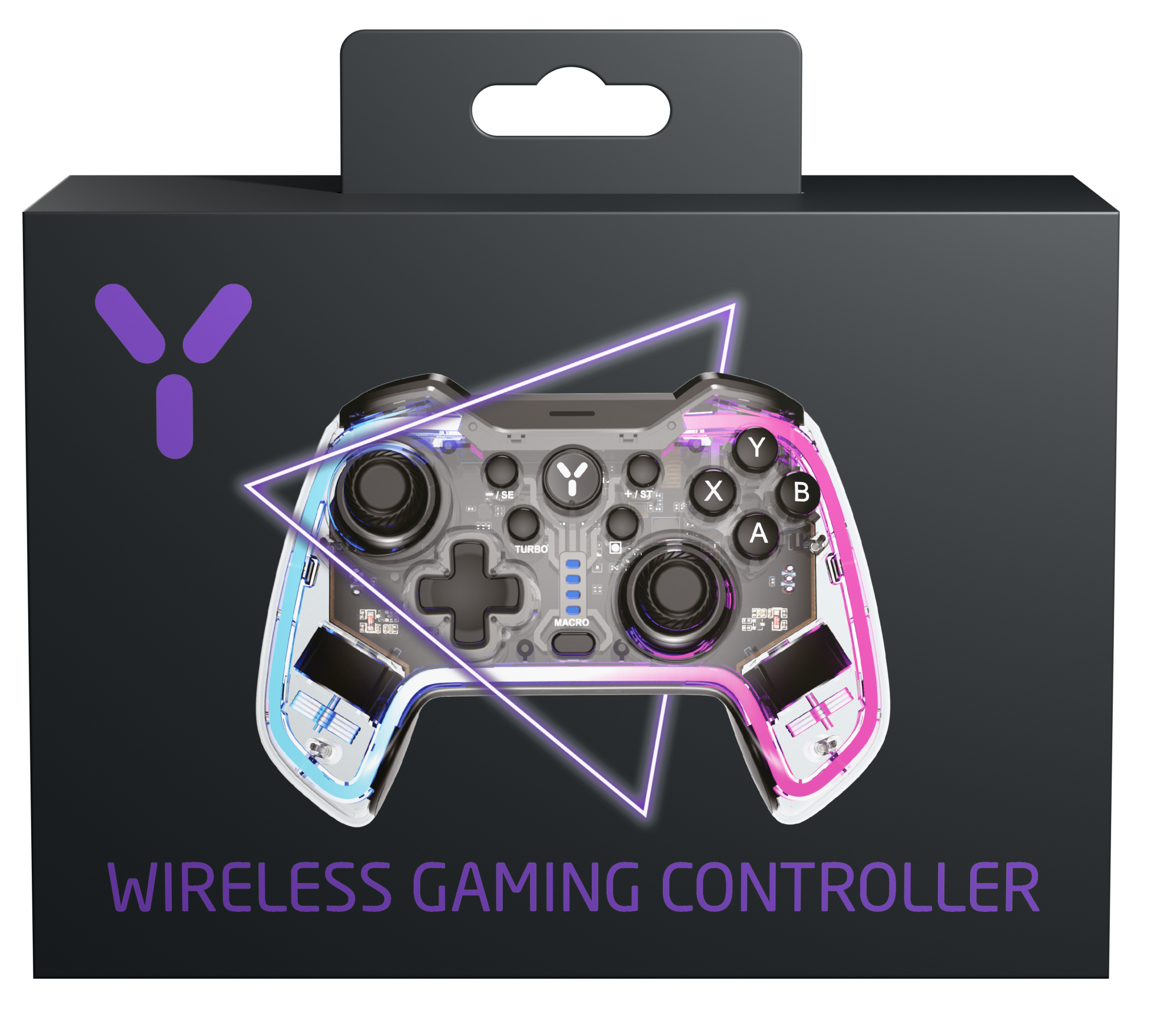 Átlátszó gamer kontroller lila és kék fényekkel, sötét dobozon.