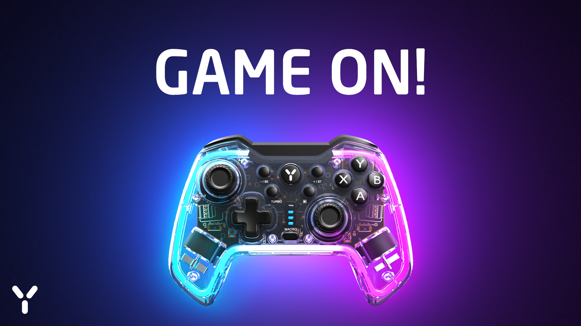 Átlátszó, megvilágított kontroller „GAME ON!” felirattal.