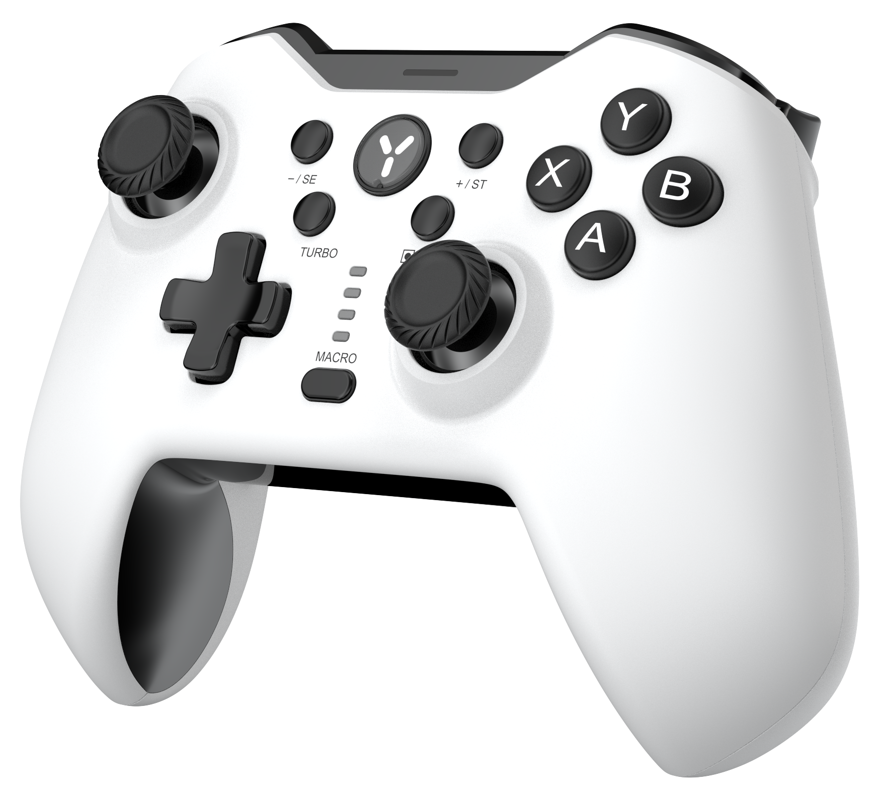 Fehér gamer kontroller fekete gombokkal és joystickokkal, fekete háttéren.