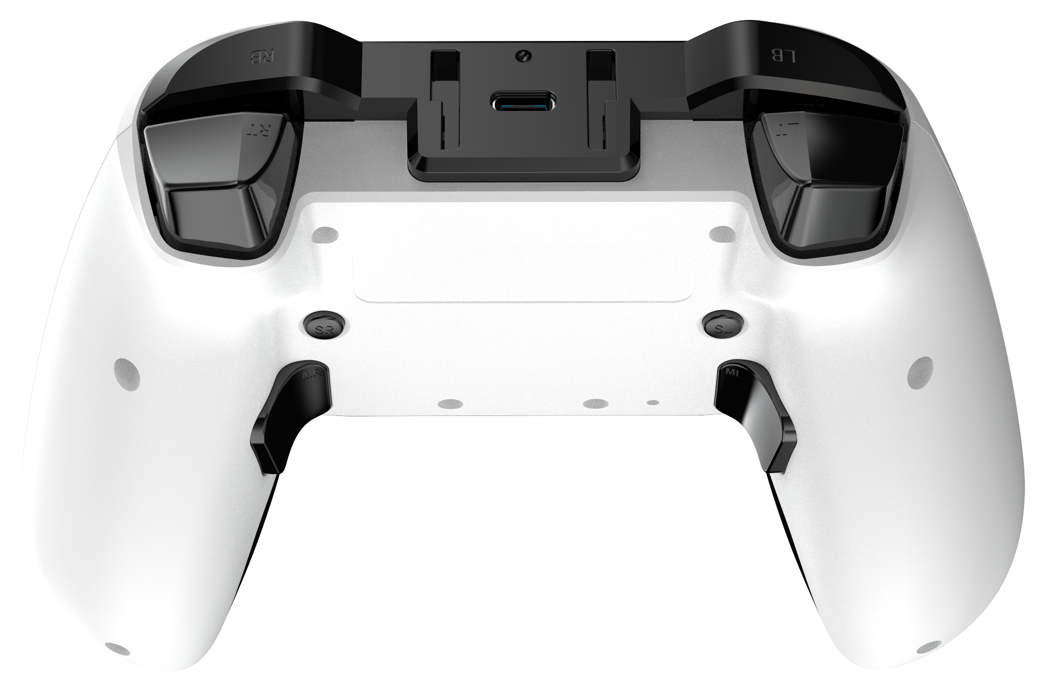 Fehér játékkonzol fekete gombokkal és USB-C porttal, hátulról.