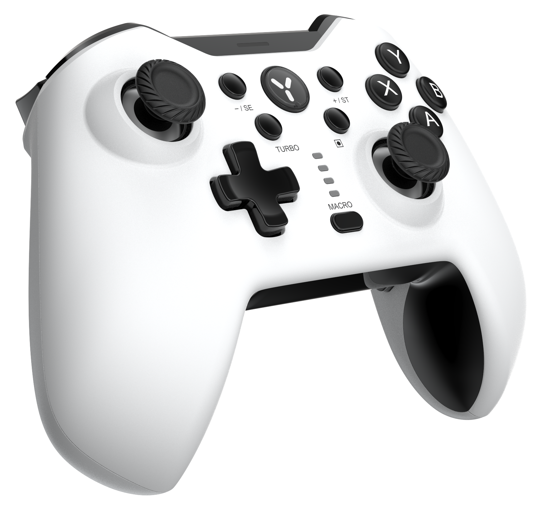 Fehér gamer kontroller fekete gombokkal és joystickokkal fekete háttéren.