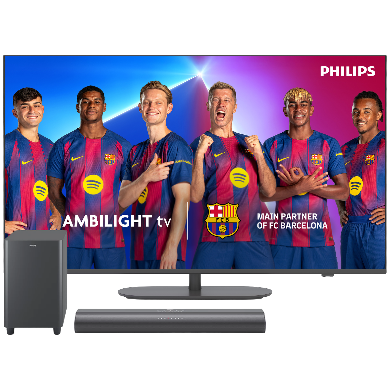 Philips Ambilight TV met FC Barcelona spelers en soundbar.