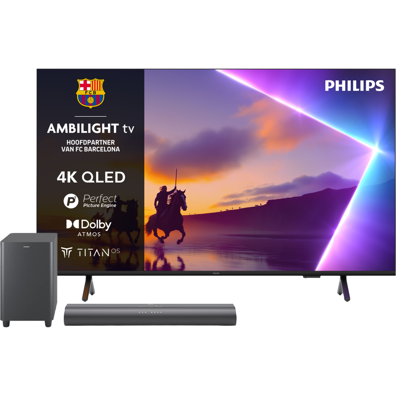 Een Philips 4K QLED TV met Ambilight, soundbar en subwoofer.