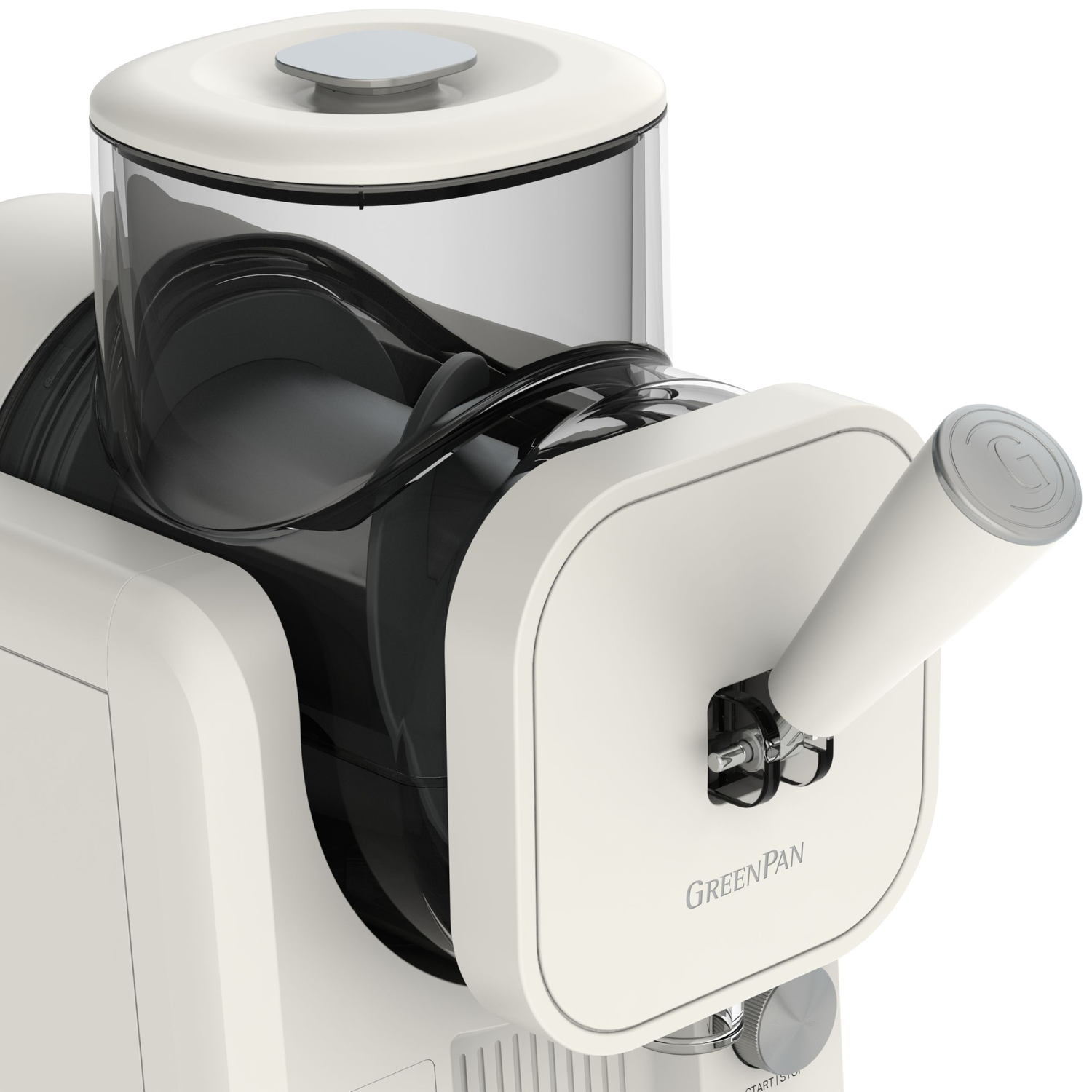 Een beige sapcentrifuge met een doorzichtige container en zilveren handvat.