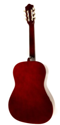 Ciemnoczerwona gitara akustyczna, widziana od tyłu, na białym tle.