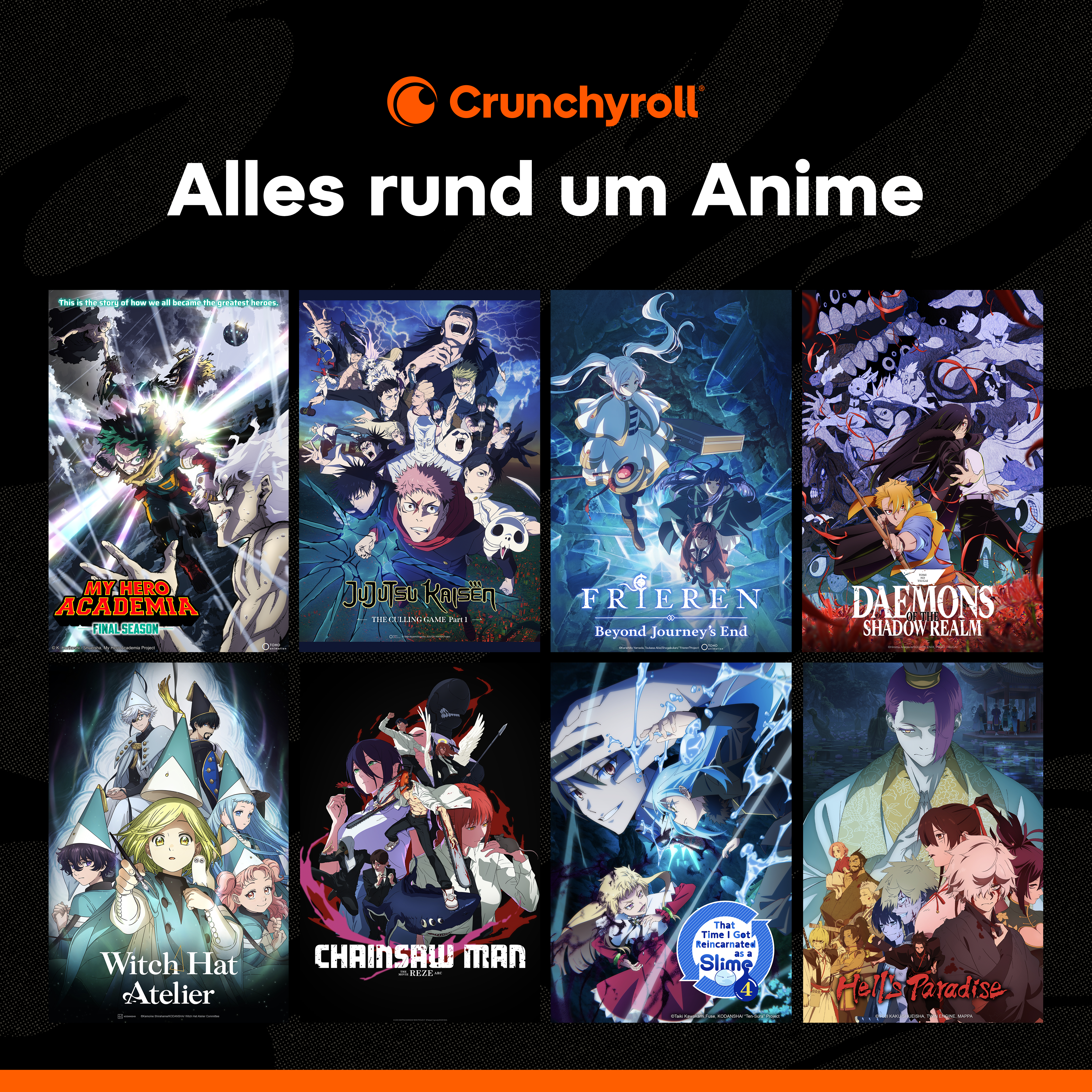 Collage von Anime-Postern mit Titeln wie My Hero Academia und Jujutsu Kaisen.