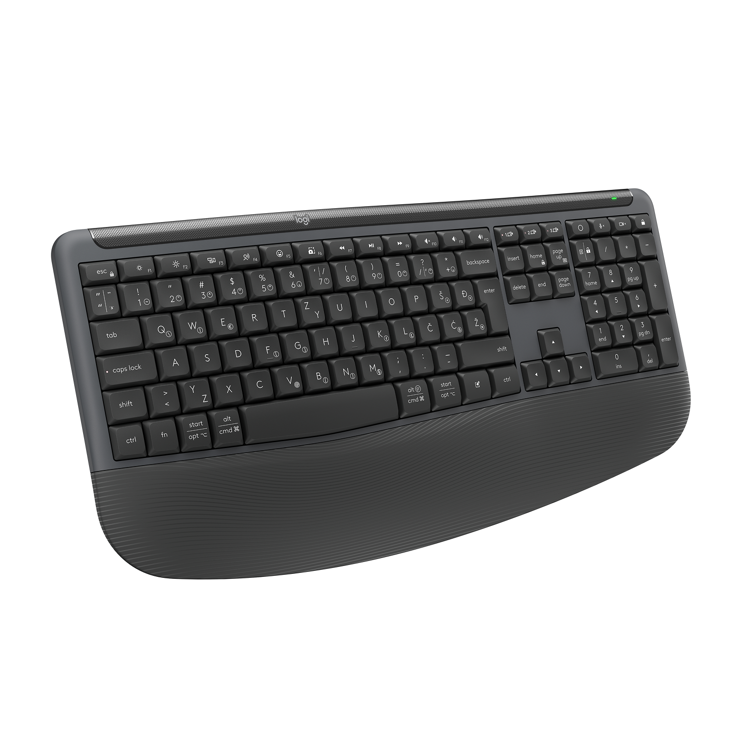 Se muestra un teclado inalámbrico Logitech gris oscuro con reposamuñecas desde una vista frontal ligeramente elevada.