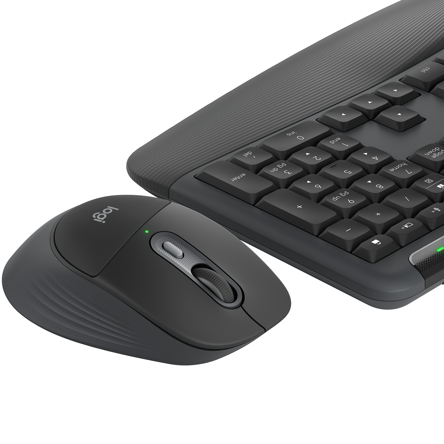 Un ratón y teclado inalámbricos Logitech negros se muestran sobre fondo blanco.