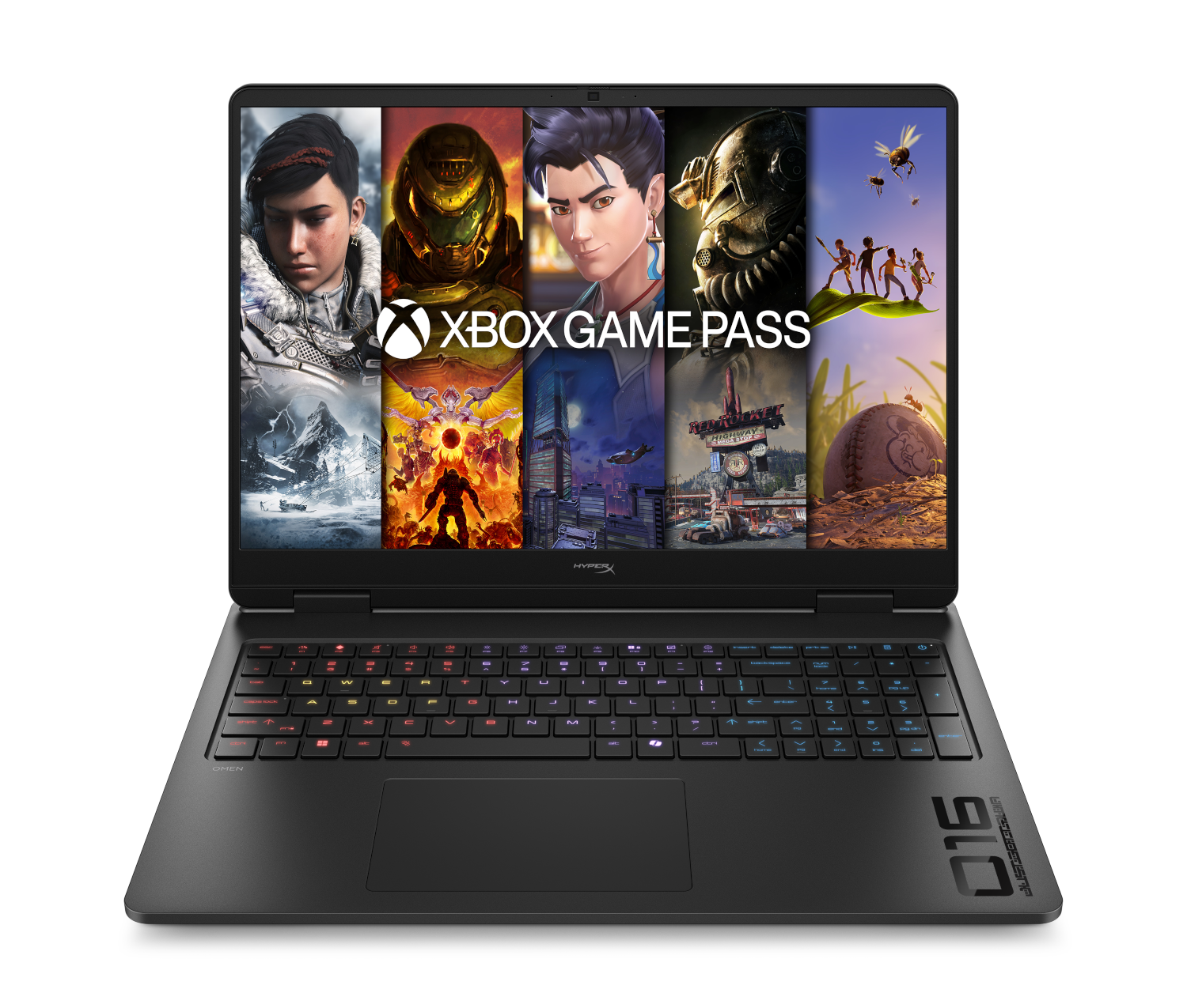 Ekran laptopa wyświetla kolaż gier z "XBOX GAME PASS"