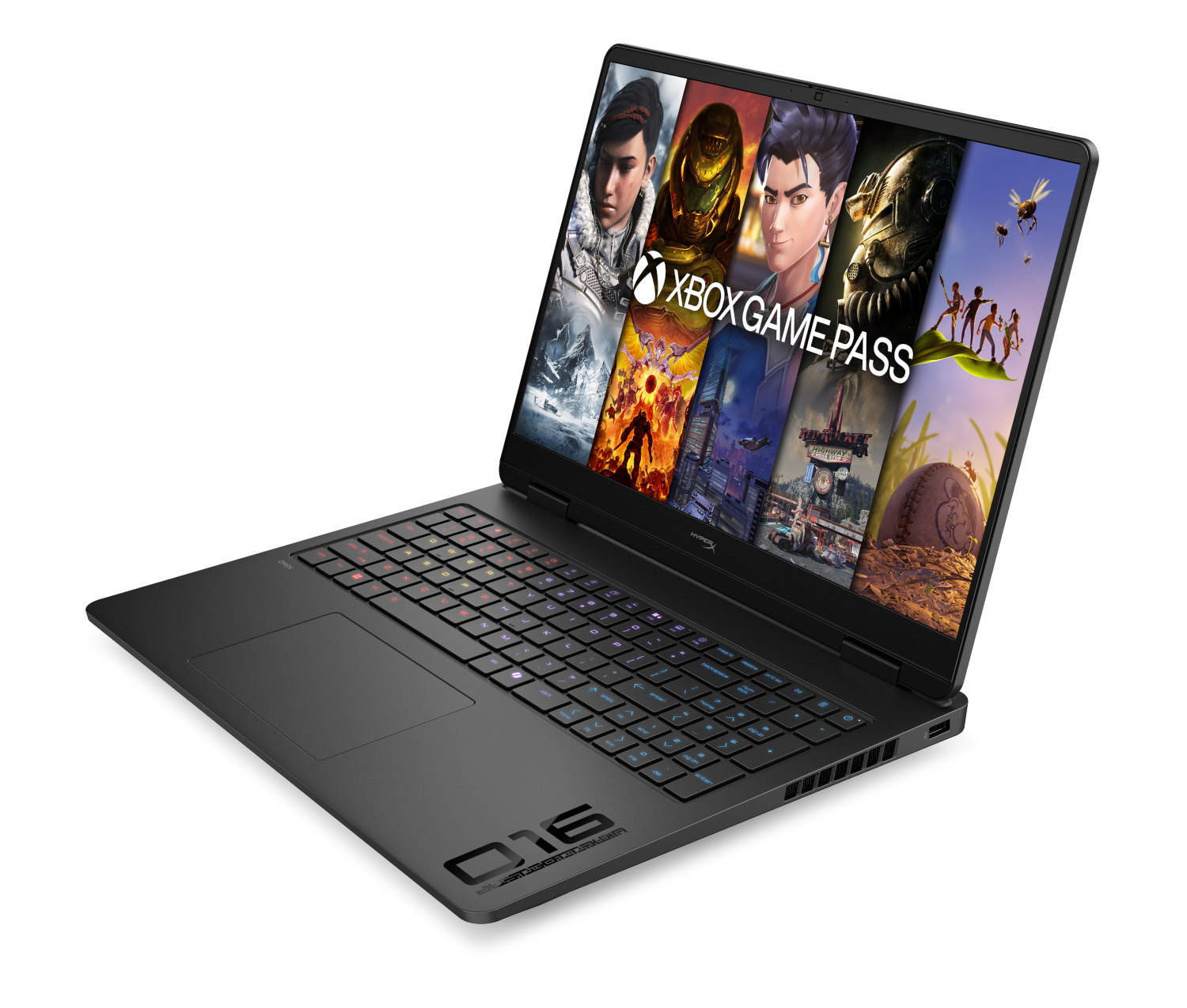 Laptop wyświetlający gry Xbox Game Pass. Ciemne tło.