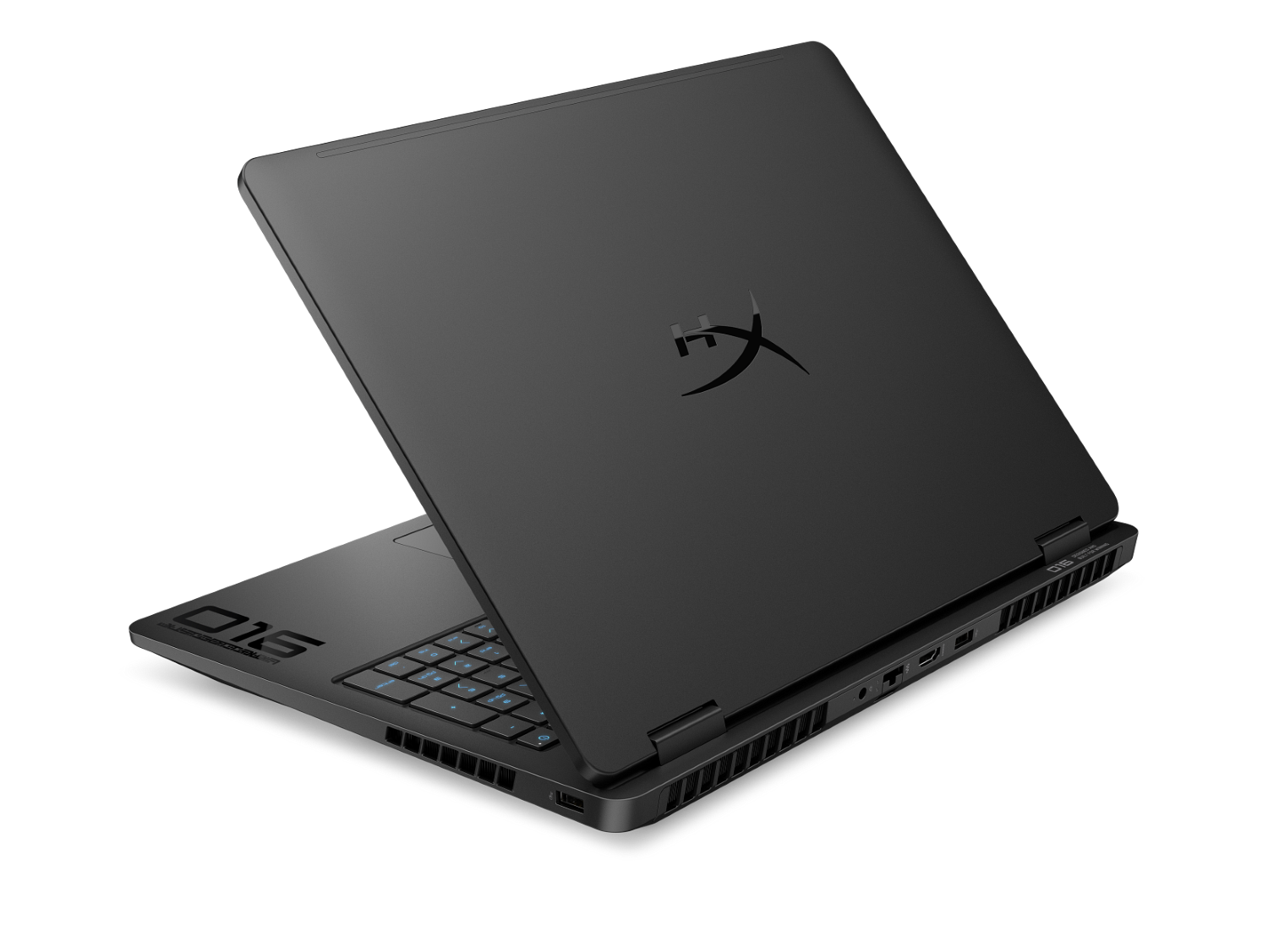 Czarny laptop z podświetlaną klawiaturą, pokazany otwarty od tyłu.