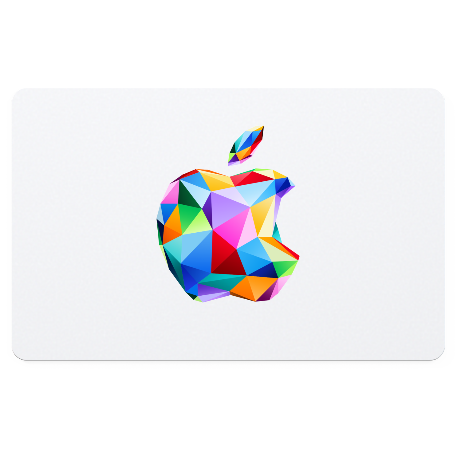 Een kleurrijke geometrische Apple-logoafbeelding op een witte kaart.