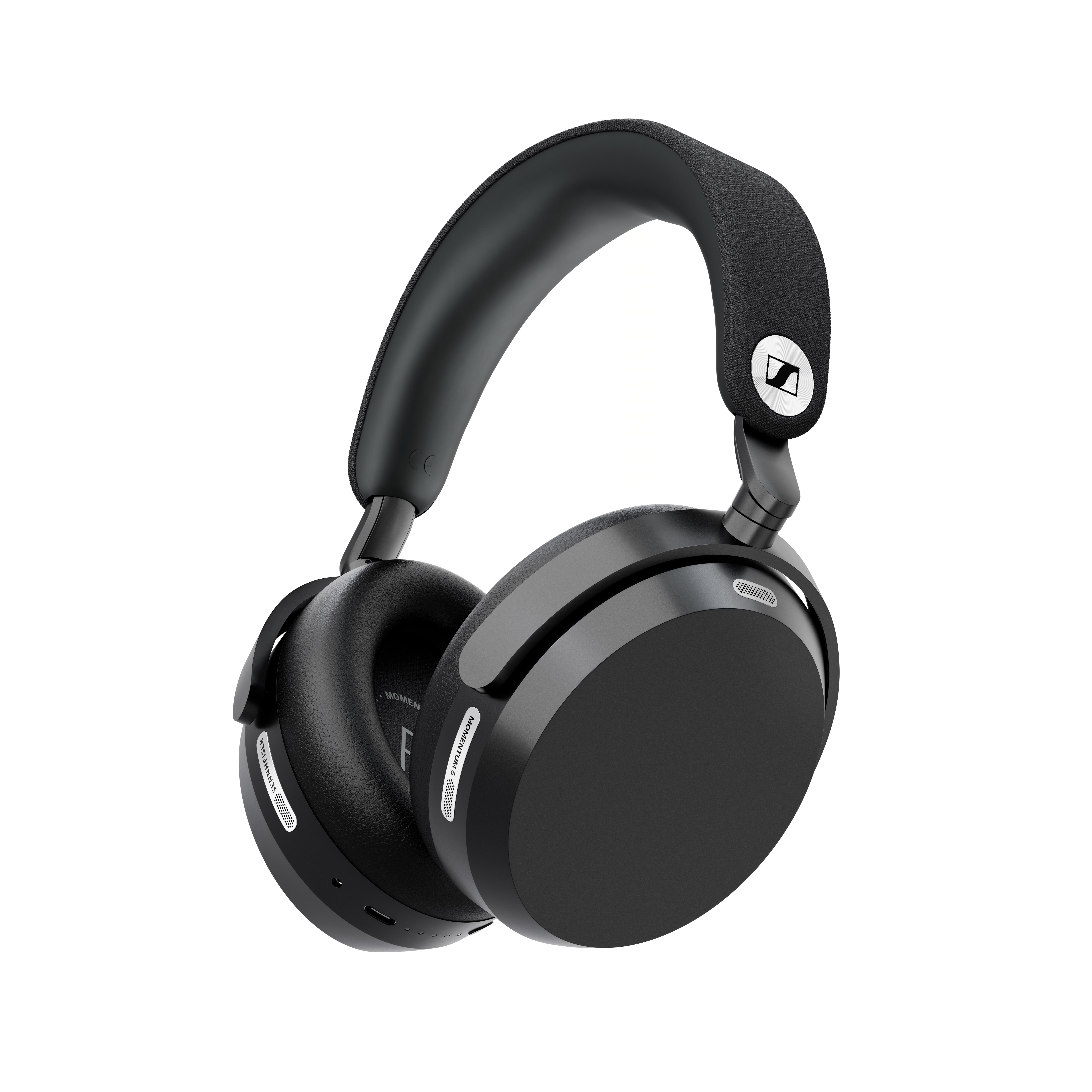 Schwarze Kopfhörer mit silbernen Akzenten und Sennheiser-Logo.