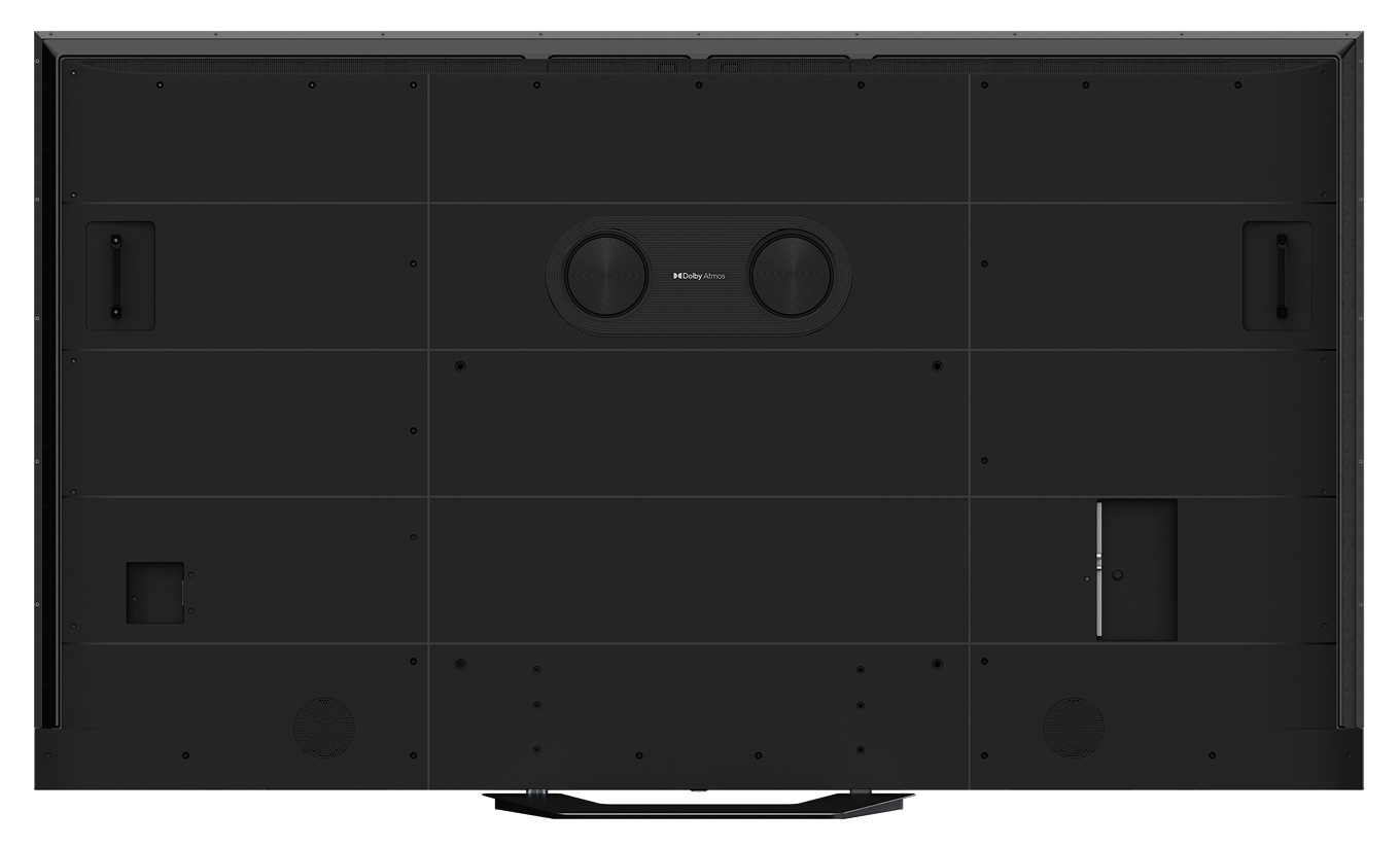 Tył czarnego telewizora z głośnikami Dolby Atmos i portami.