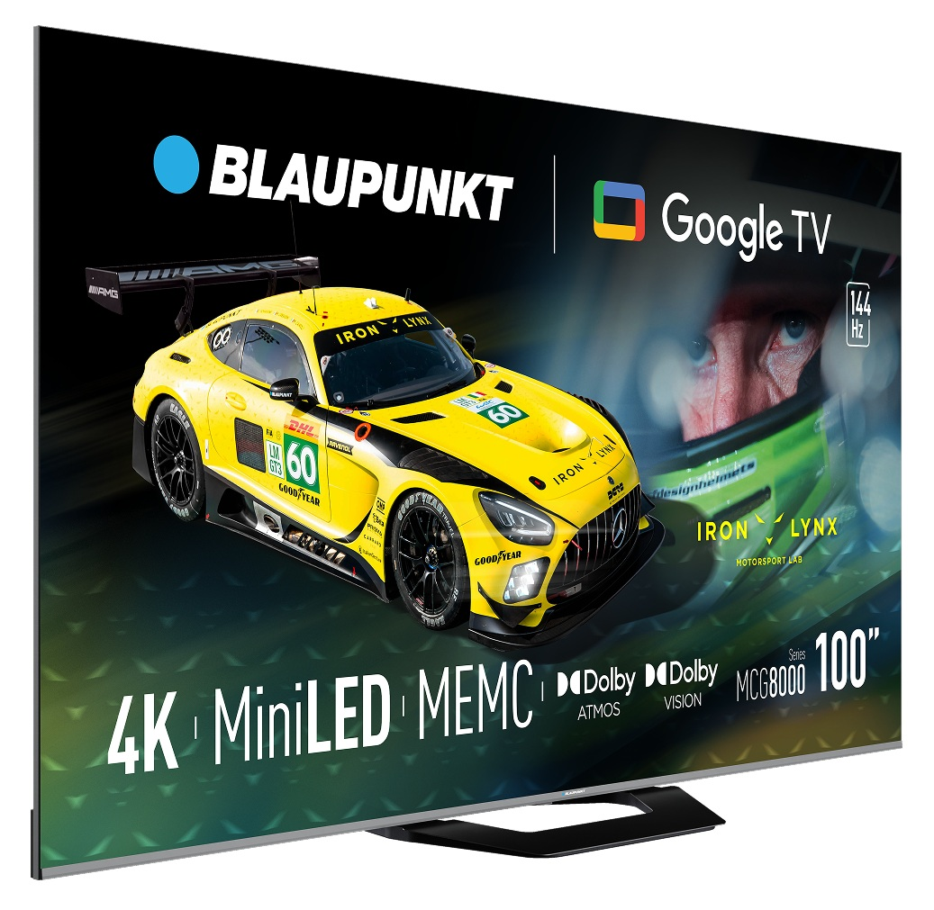 Blaupunkt Google TV z żółtym samochodem wyścigowym, kierowcą i technologią 4K MiniLED.