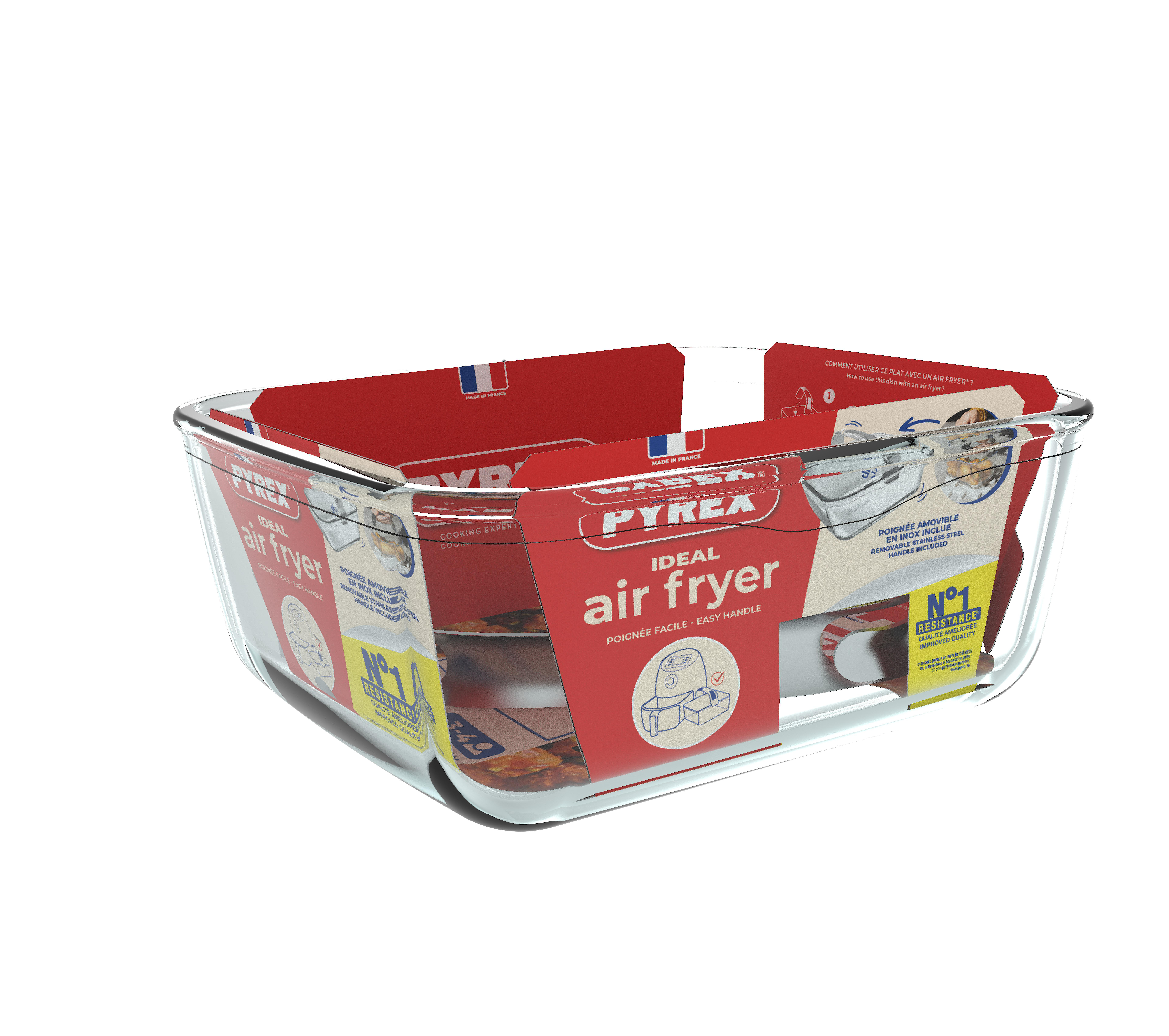 Glasform für Heißluftfritteusen von Pyrex mit roten Etiketten und Henkel.