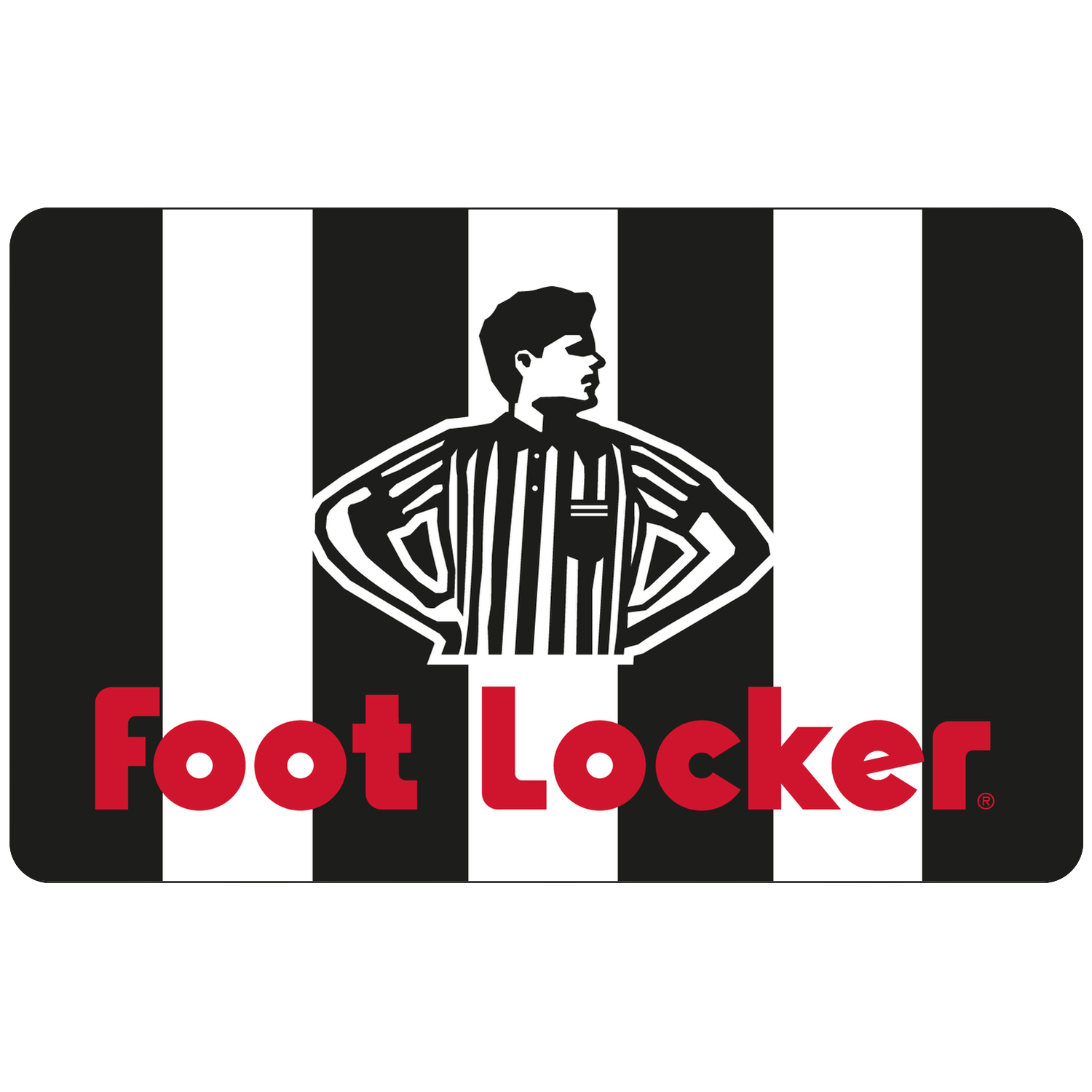Foot Locker logo: Man in gestreept shirt tegen zwart-witte strepen.