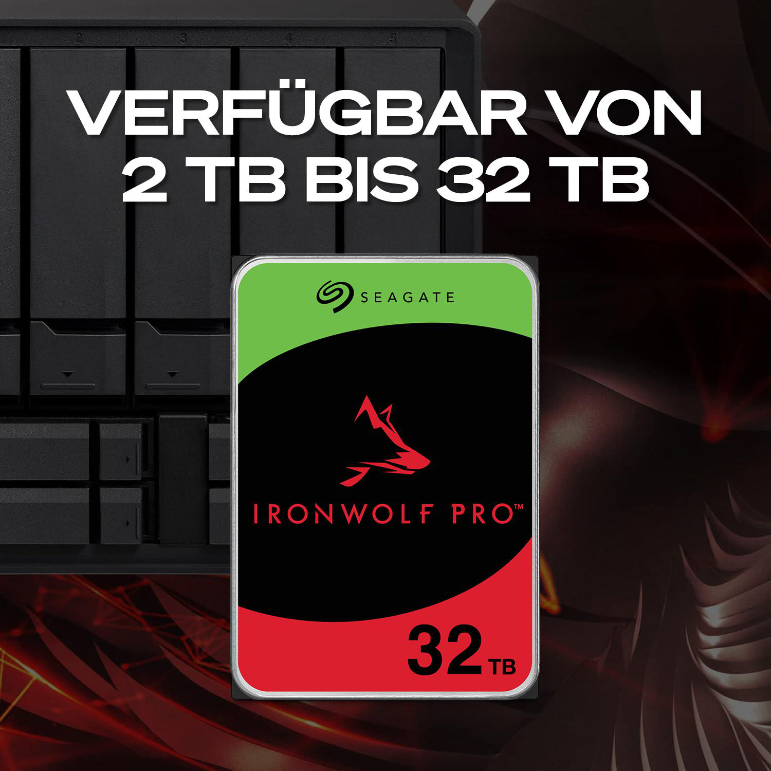 Seagate IronWolf Pro 32TB Festplatte mit einem NAS-Gehäuse.