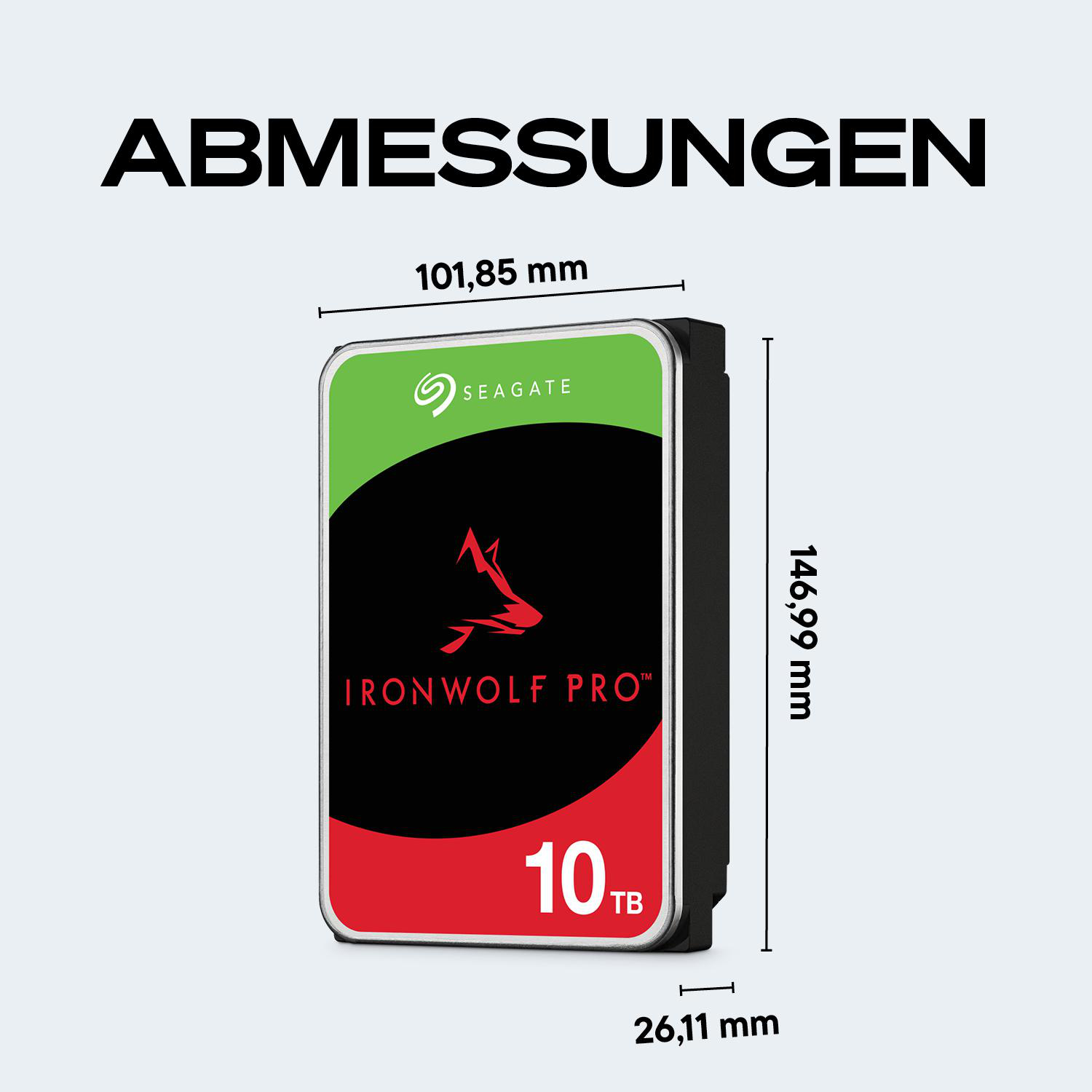 Festplatte mit 10 TB Speicherkapazität, Maße 101,85x146,99x26,11 mm.