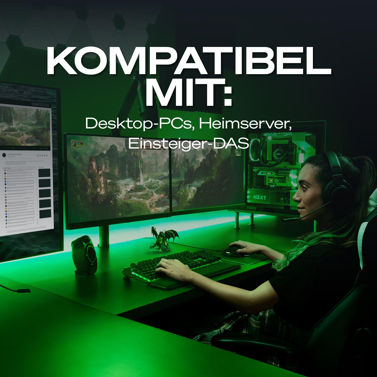 Eine Frau mit Kopfhörern spielt am PC mit grüner Beleuchtung.