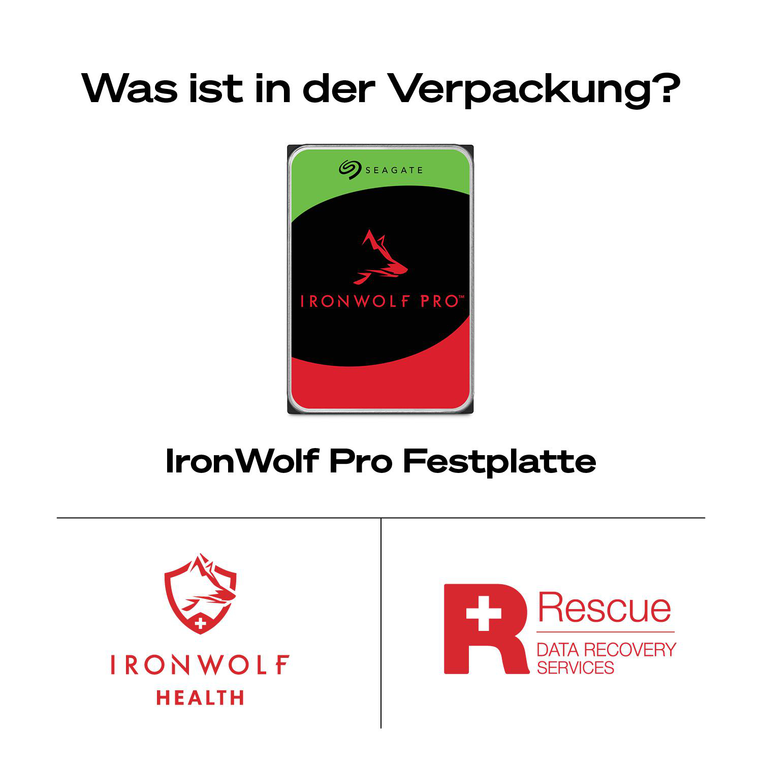 Seagate IronWolf Pro Festplatte, IronWolf Health und Rescue Data Recovery Services Logos.